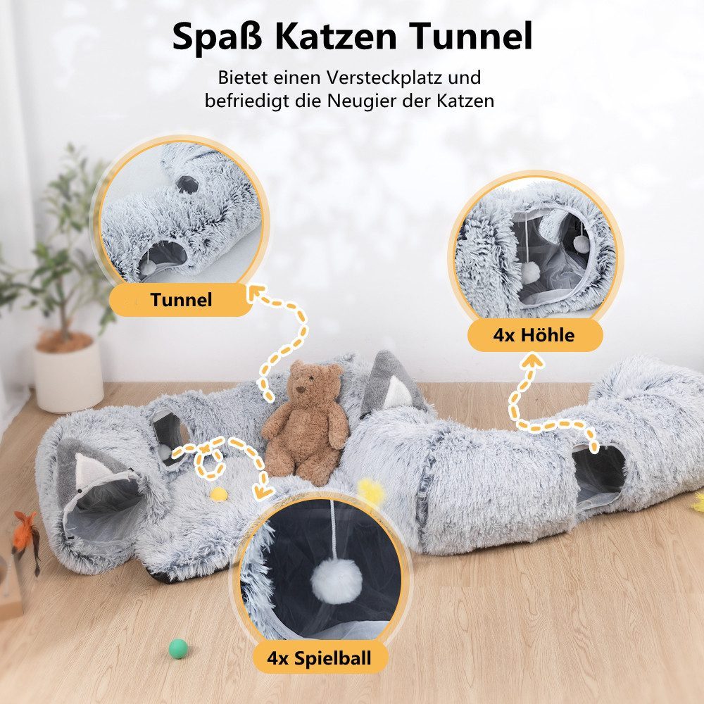 MECO Tiertunnel 2 in1 XL Katzentunnel Tierbett 103x85x25cm, Plüschiges Material, Spieltunnel mit Spielball Katzenspielzeug, Tragfähigkeit bis 10kg