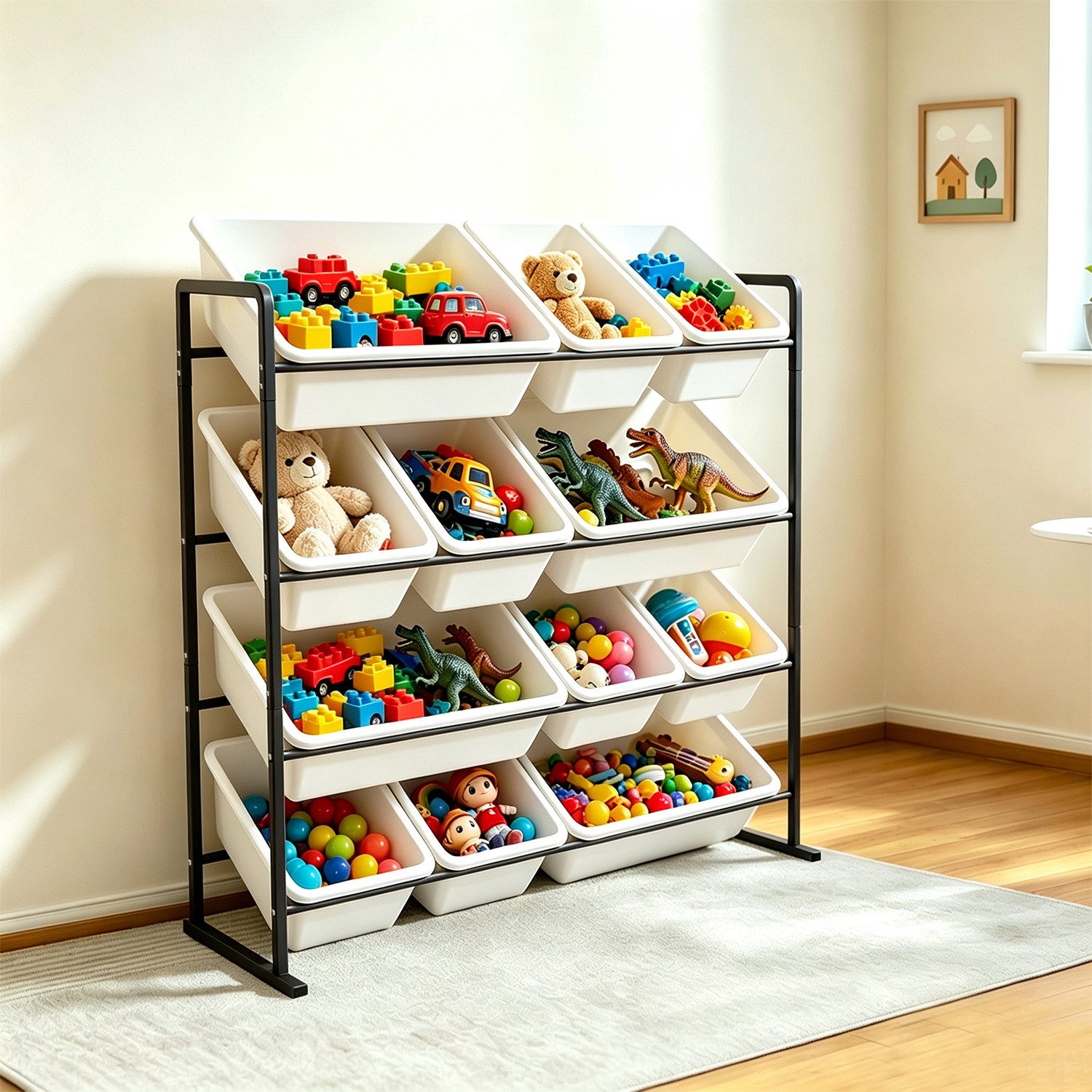 devesanter Regalelement Kinderregal, Spielzeugregal mit 4 Ebenen und 12 Boxen, 1-tlg., Schwarzer Organizer aus Eisenrahmen für Kinderzimmer
