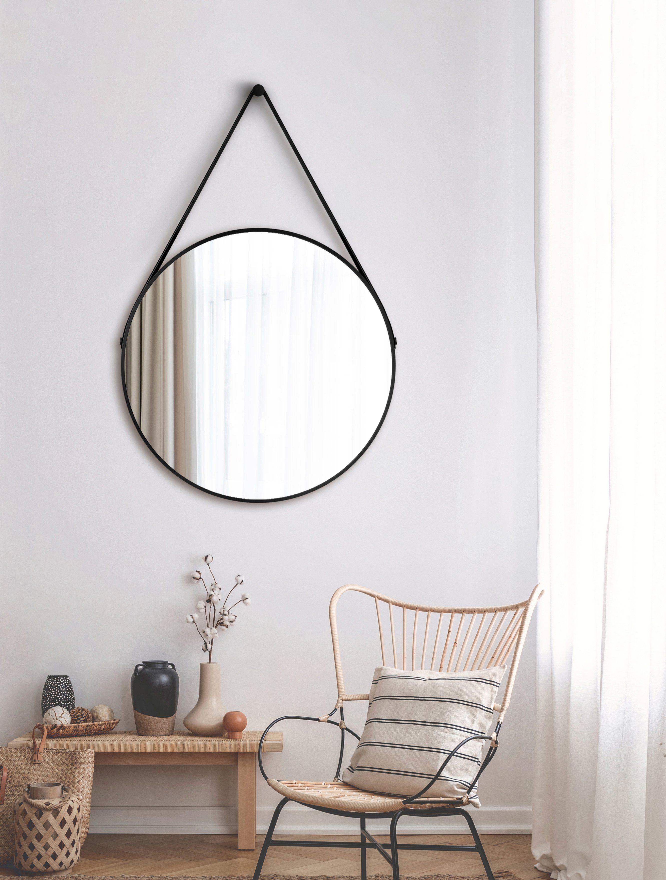 Talos Wandspiegel, runder Aluminiumrahmen, 80 cm Ø dekorativer Spiegel schwarz mit