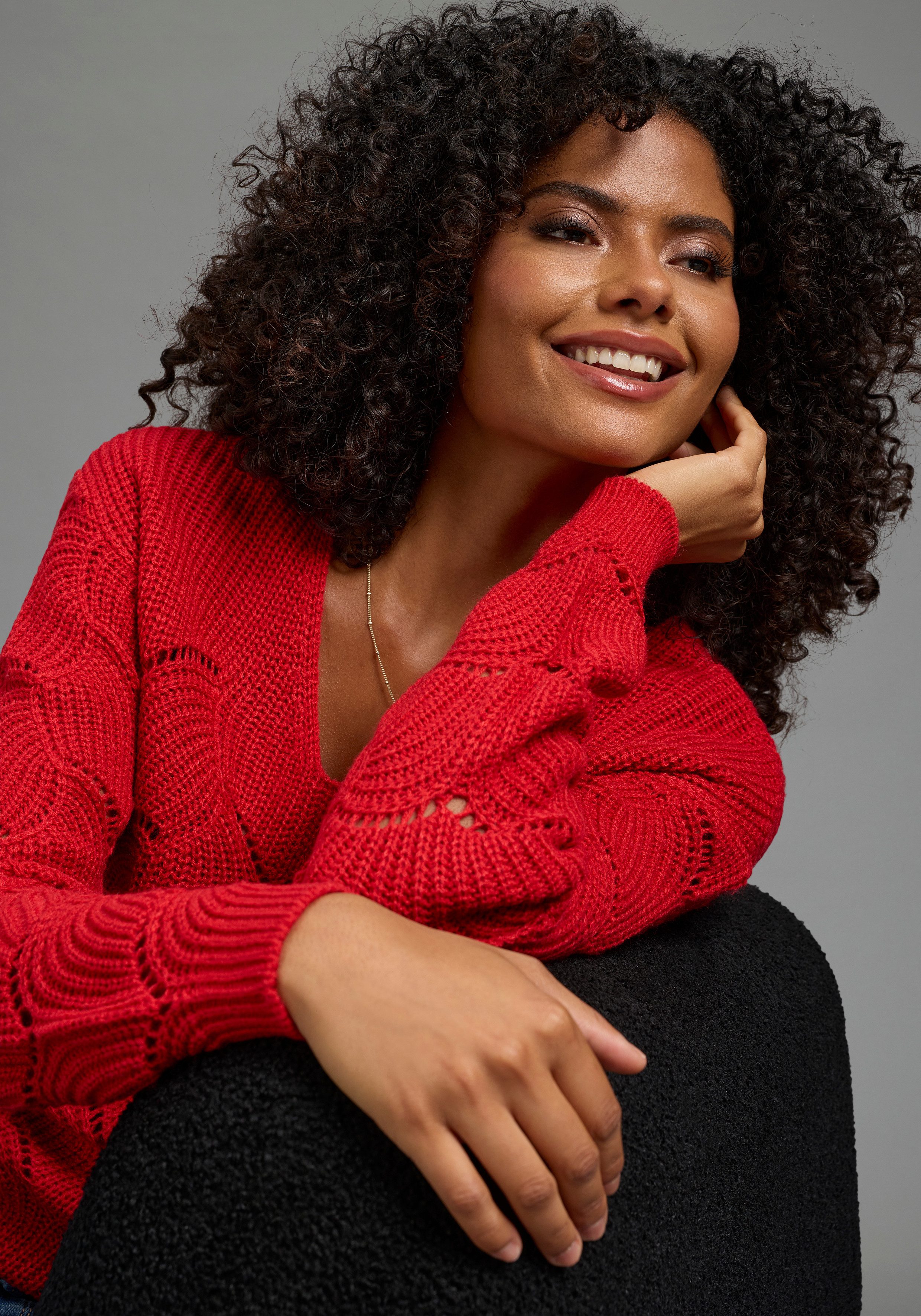 Laura Scott Strickpullover Softer Übergangsstrick mit V-neck und trendy Ajourmuster