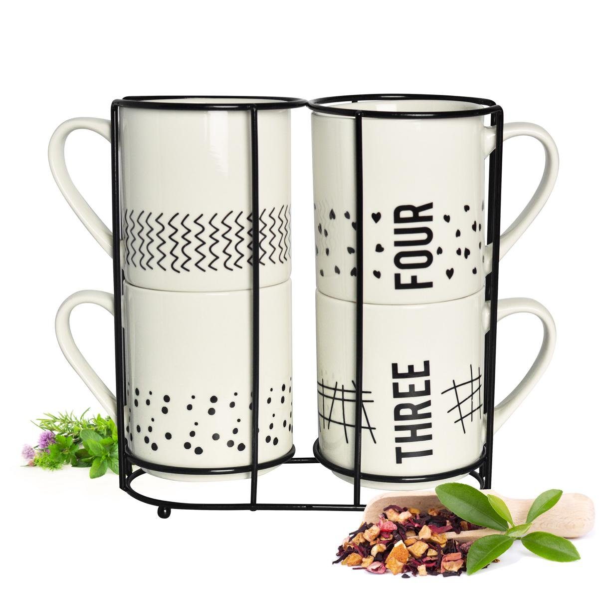 Sendez Becher 4 Kaffeebecher 300ml aus Porzellan mit Metallständer Kaffeetassen Becher Tasse Mug, Porzellan