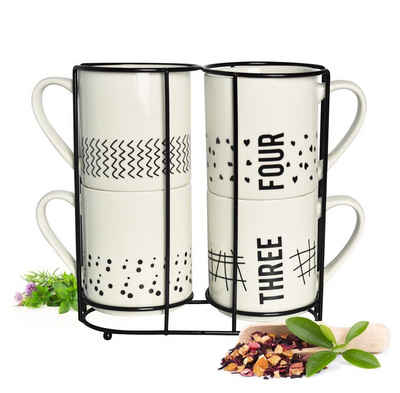 Sendez Becher 4 Kaffeebecher 300ml aus Porzellan mit Metallständer Kaffeetassen, Porzellan