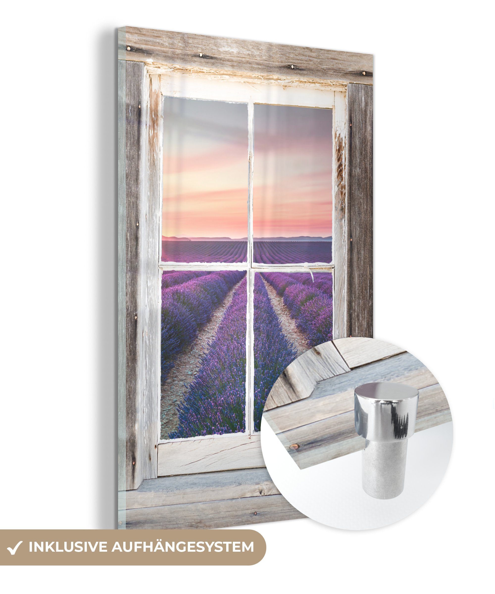 MuchoWow Acrylglasbild Durchsichtig - Lavendel - Holz, (1 St), Glasbilder - Bilder auf Glas Wandbild - Foto auf Glas - Wanddekoration