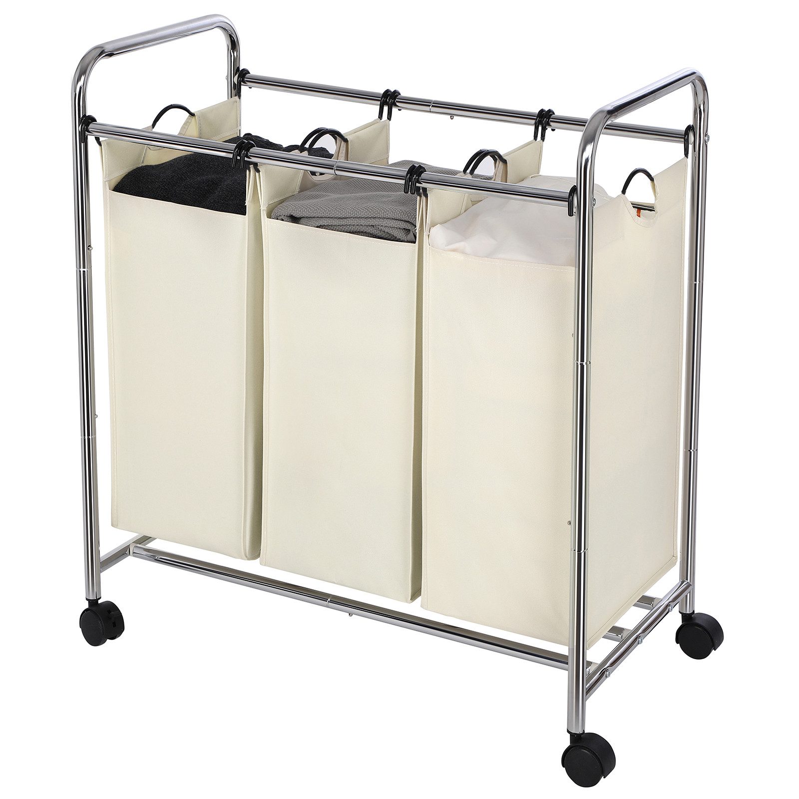 SONGMICS Wäschekorb, Wäschesortierer mit 3 abnehmbaren Stofftaschen, 3 x 44 L