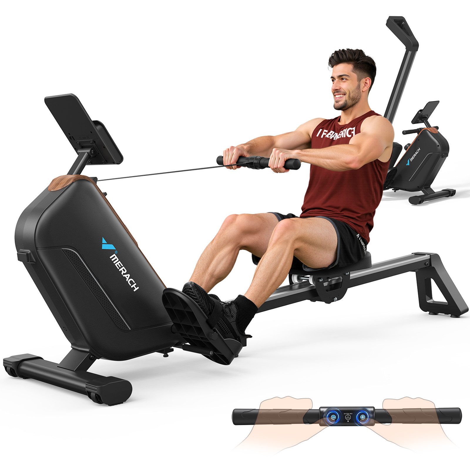 MERACH Rudergerät für Zuhause, Leises Magnetisches Rudergerät, mit LCD-Display (16 Stufigem Magnetrudergerät, mit Bluetooth Monitor, mit Verstellbarer Tablethalterung, App Intelligente Überwachung), Leicht zu Montieren, 160 kg Belastbarkeit, Vertikal Verstaubar