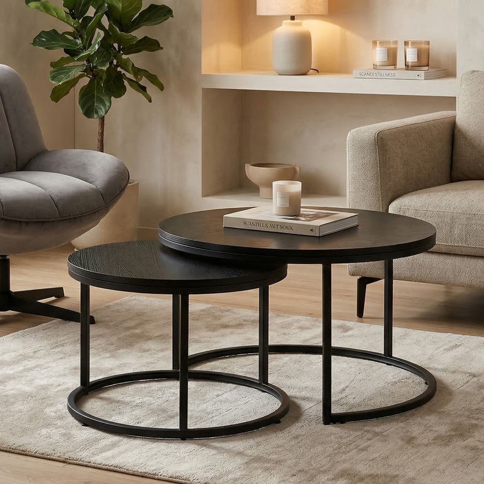 IDIMEX Couchtisch TOURS, Couchtischset 2er Set rund 80/60 cm mit Holz-Dekor Schwarz