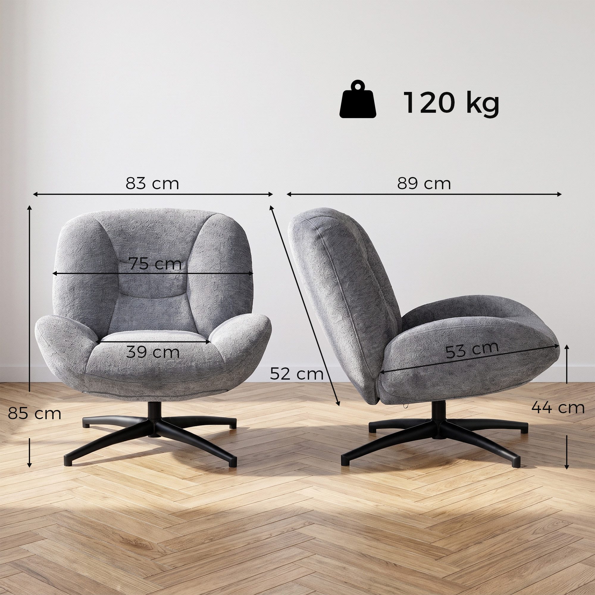 HOMCOM Relaxsessel Loungesessel mit breiter Sitzfläche, Chenille-Optik (Set, 1-St., 1), 360° Drehfunktion – Bild 3 von 5