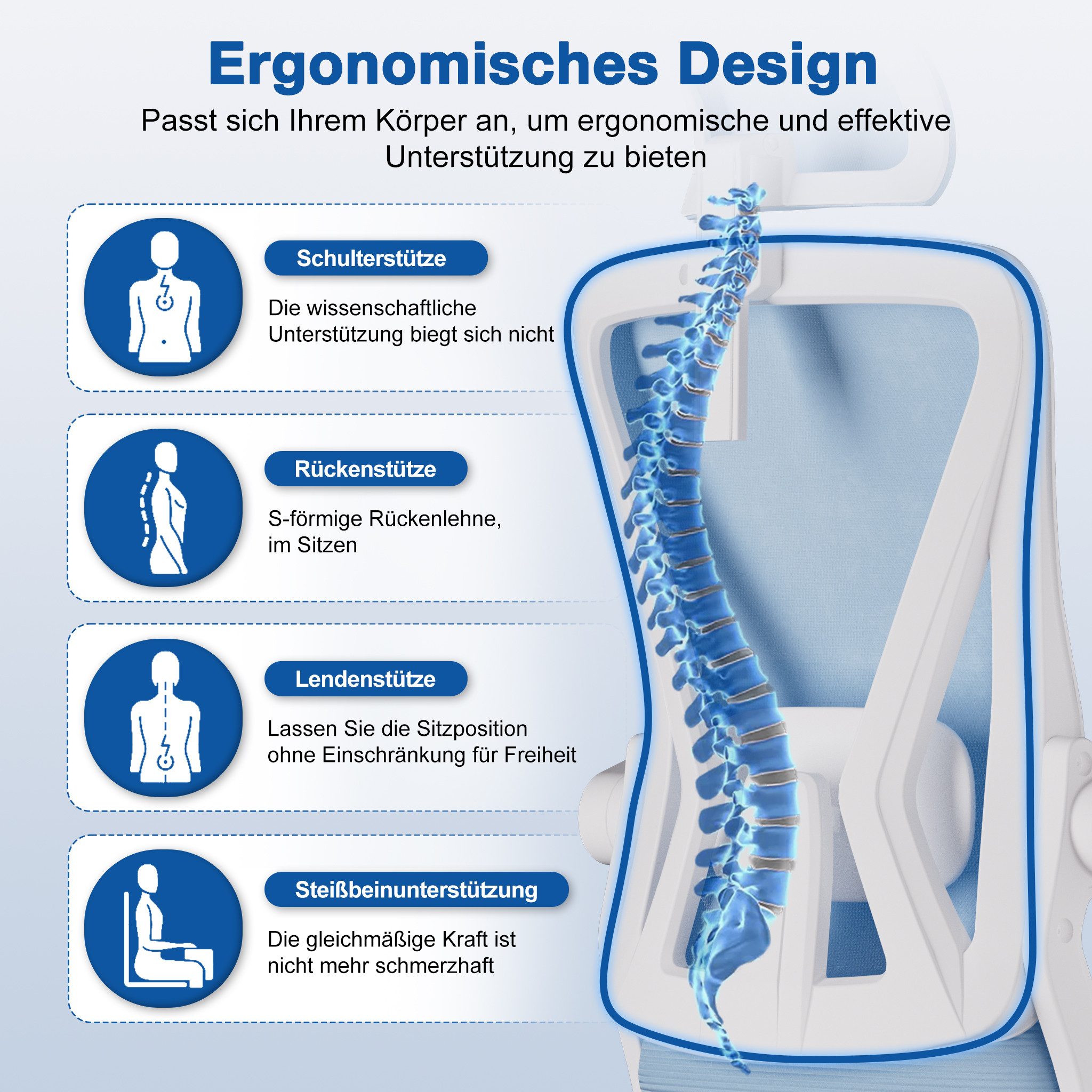 Adormii Bürostuhl Ergonomischer Bürostuhl mit klappbaren Armlehnen und Rückenlehnen (Drehstuhl mit Drehbare, höhenverstellbarer Kopfstütze, geräuscharme Rollen, 90°-135° Wippfunktion Bürostuhl, belastbar bis 150kg, Netz atmungsaktiv, Chefsessel), Leise Rollen, getestet und garantiert für 2-Jahre