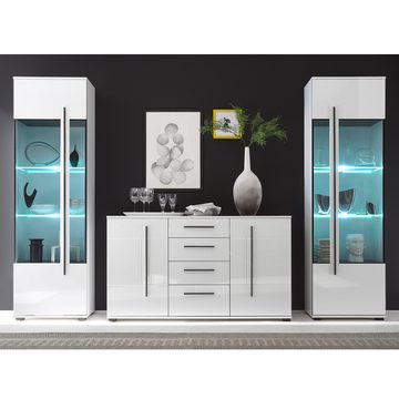 Lomadox Wohnwand COLORADO-61, (2-St), weiß Hochglanz 2 Vitrinen und großem Sideboard 300x200x42cm