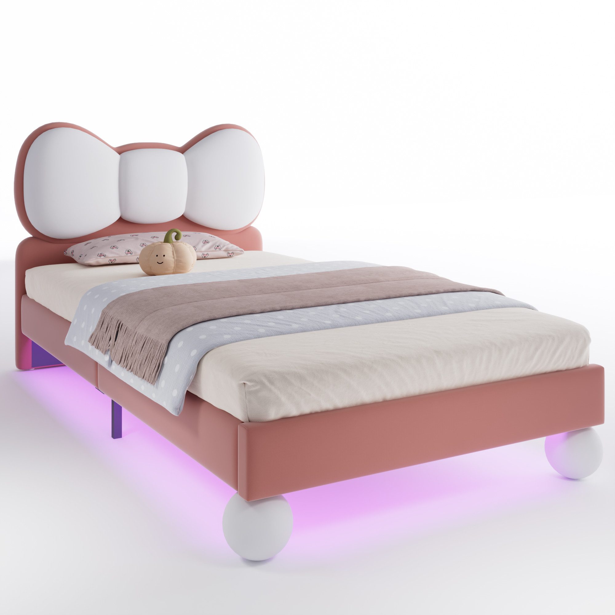 OKWISH Kinderbett Einzelbett Polsterbett (mit Fliegeformigem Kopfteil, Farblich Einstellbarer LED-Lichtleiste, Samt-Oberfläche & Stabile Lattenroste, 90x200 cm), Inklusive Matratze