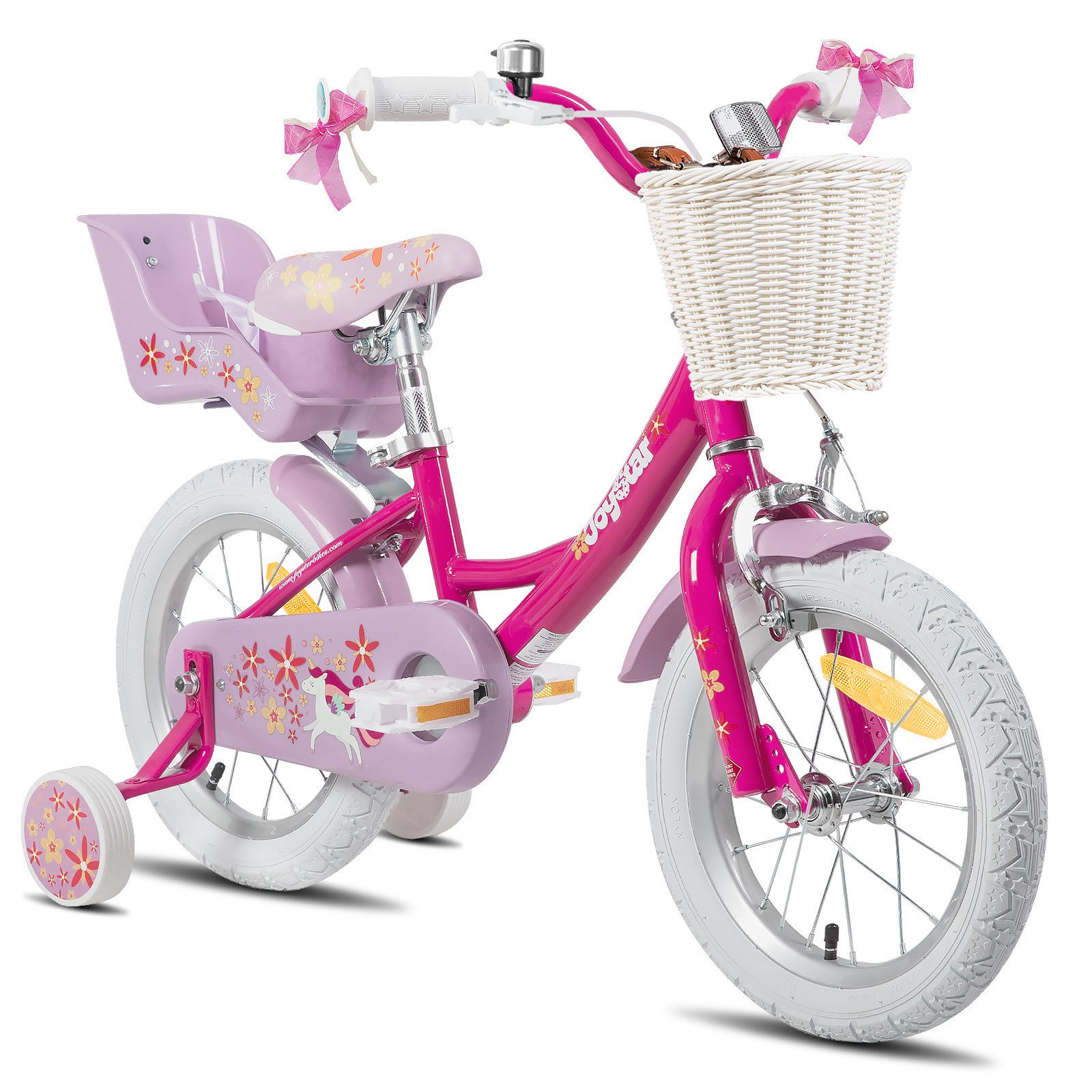 JOYSTAR Kinderfahrrad 12 14 16 18 Zoll Mädchenfahrrad, 3 - 9 Jahre, Geschenk für Prinzessin, 1 Gang, Puppenradsitz & Stützrädern& Korbstreamer, 18 Zoll mit Stützrädern