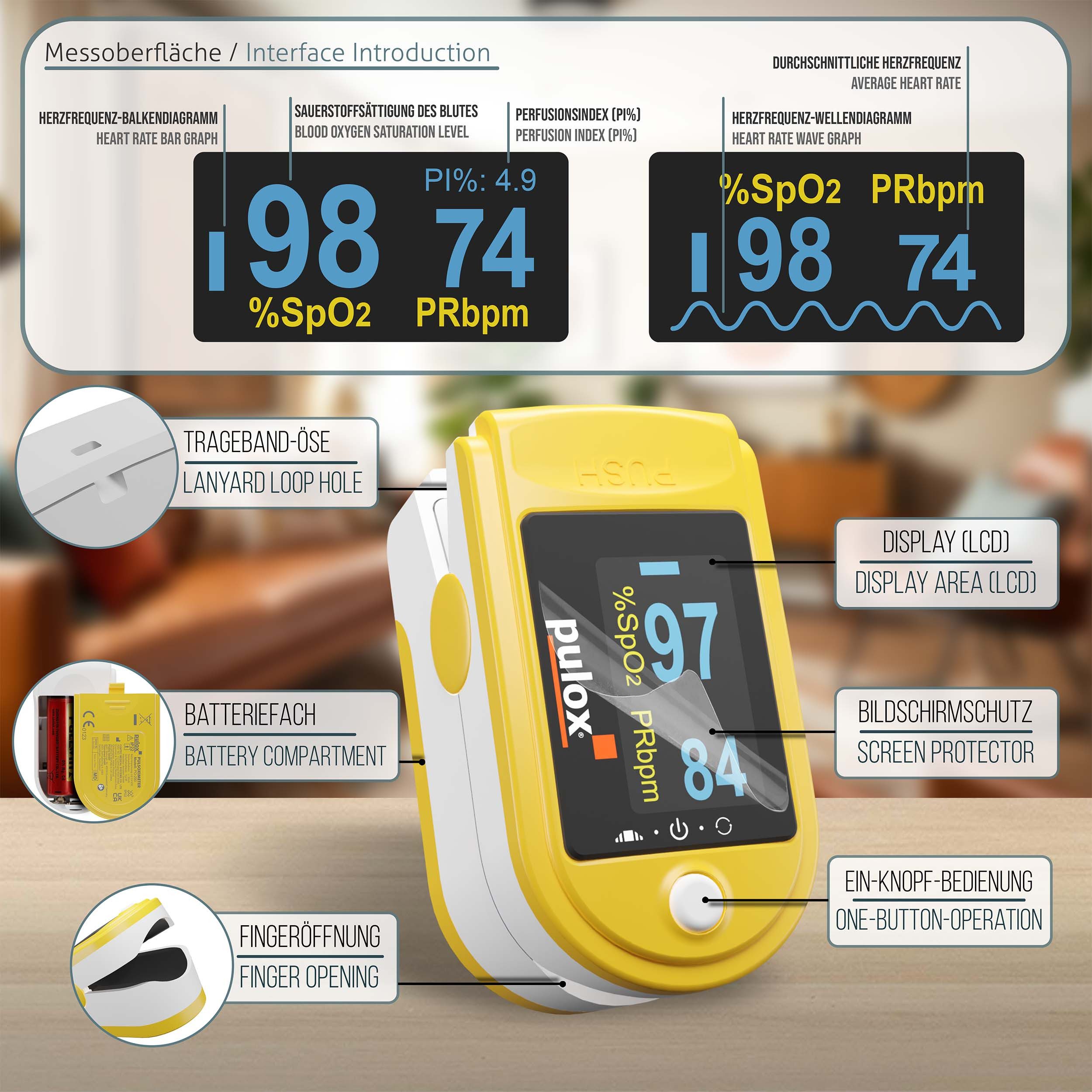 pulox Pulsoximeter PO-200, Gelb