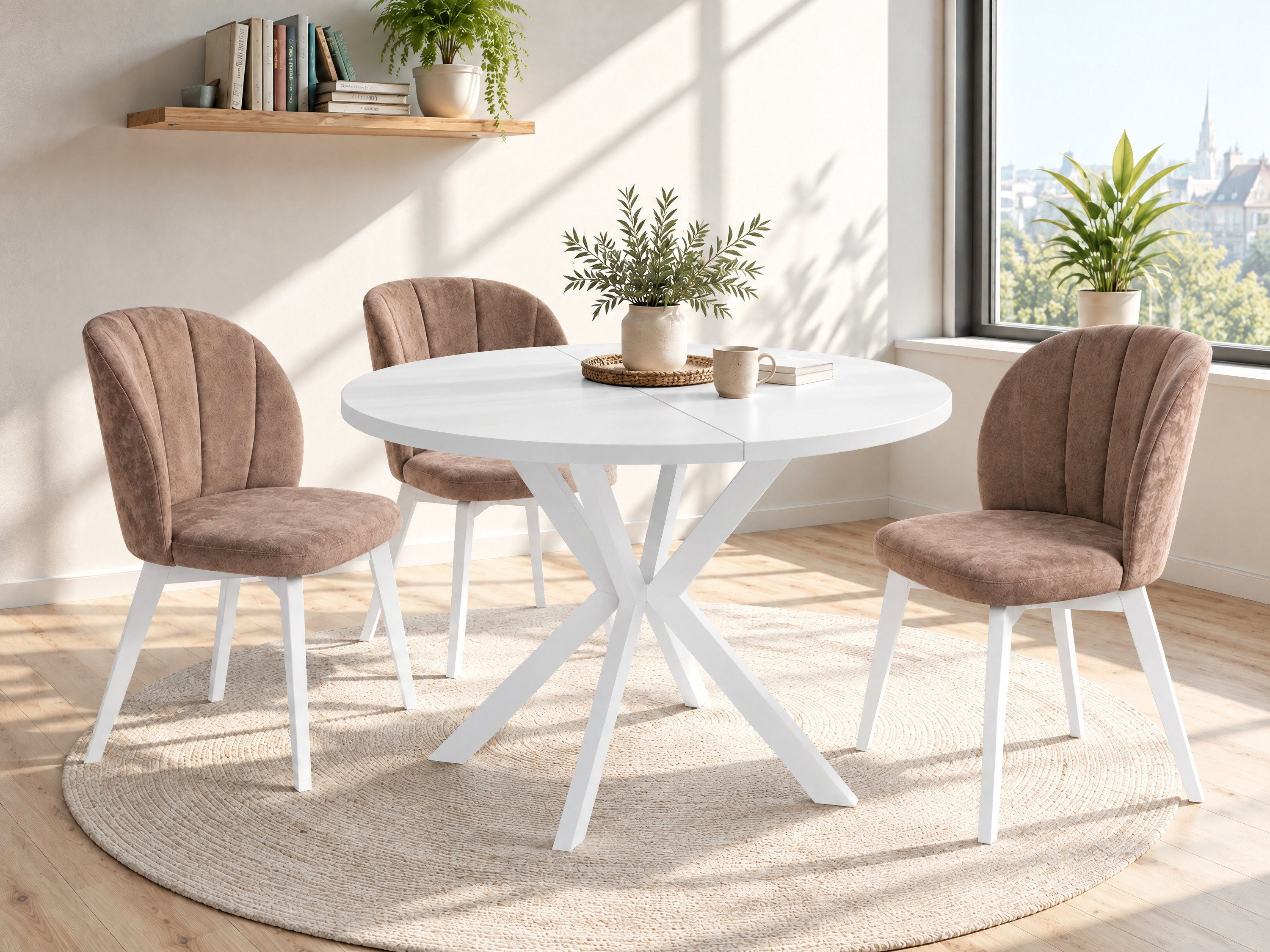WFL GROUP Esstisch Della ausziehbar rund industrial mit weißen Metallbeinen (MADE IN EU, erhältlich in zwei Größen – 100/120 cm, ausziehbar auf 180/200 cm), platzsparender Tisch in Holzoptik für Küche, Esszimmer oder Wohnzimmer