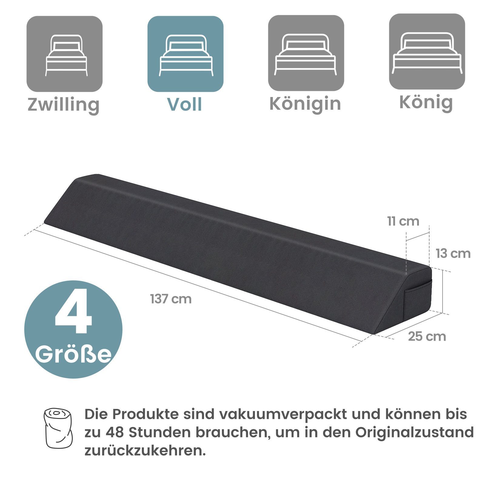 COSTWAY Keilkissen, Bett-Lückenfüller, mit Seitentasche, 137 x 25 x 13 cm