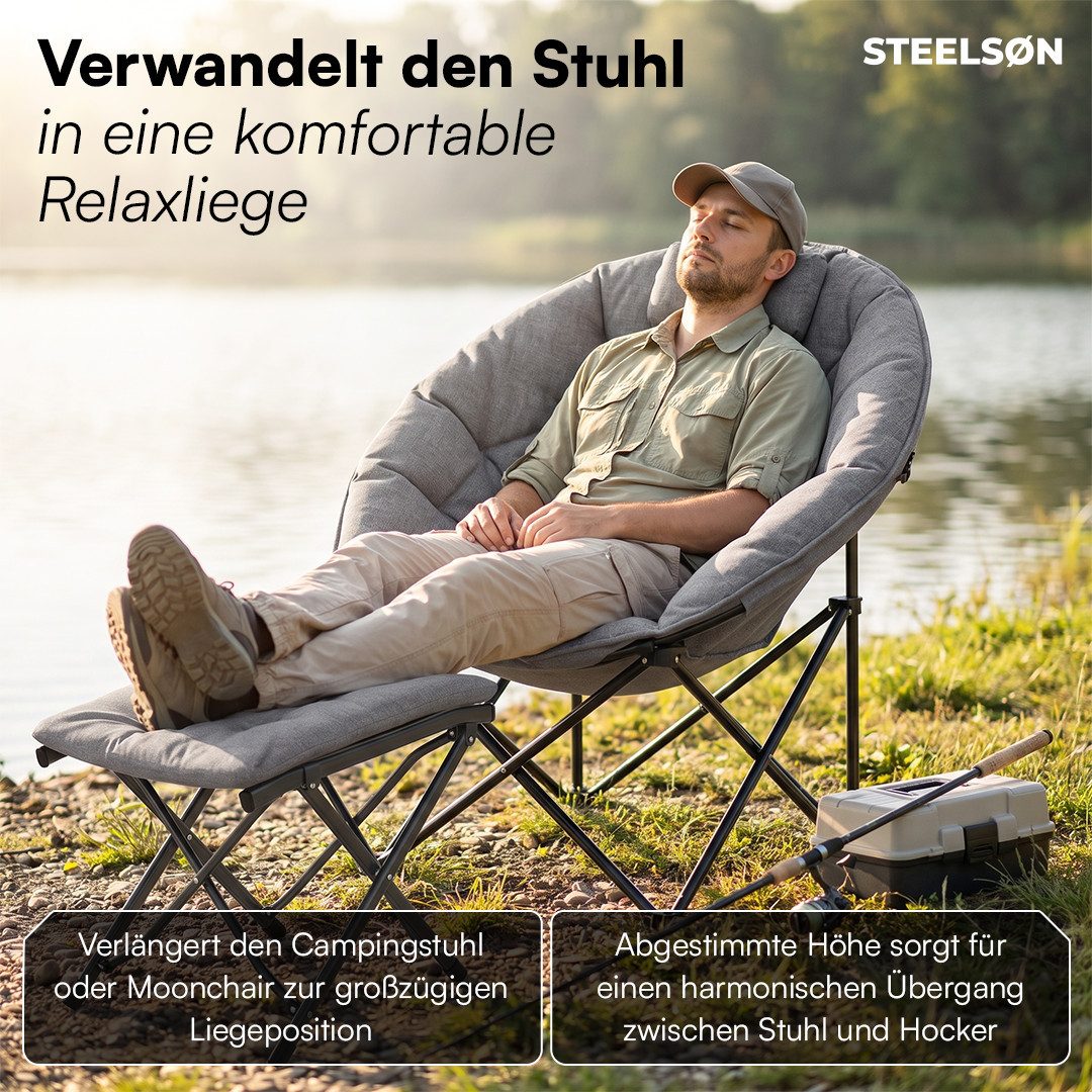 STEELSØN Campingstuhl Hoggar mit Hocker, gepolsterter Klappstuhl mit Seitentasche (grau), faltbarer Hocker, bis 150kg belastbar