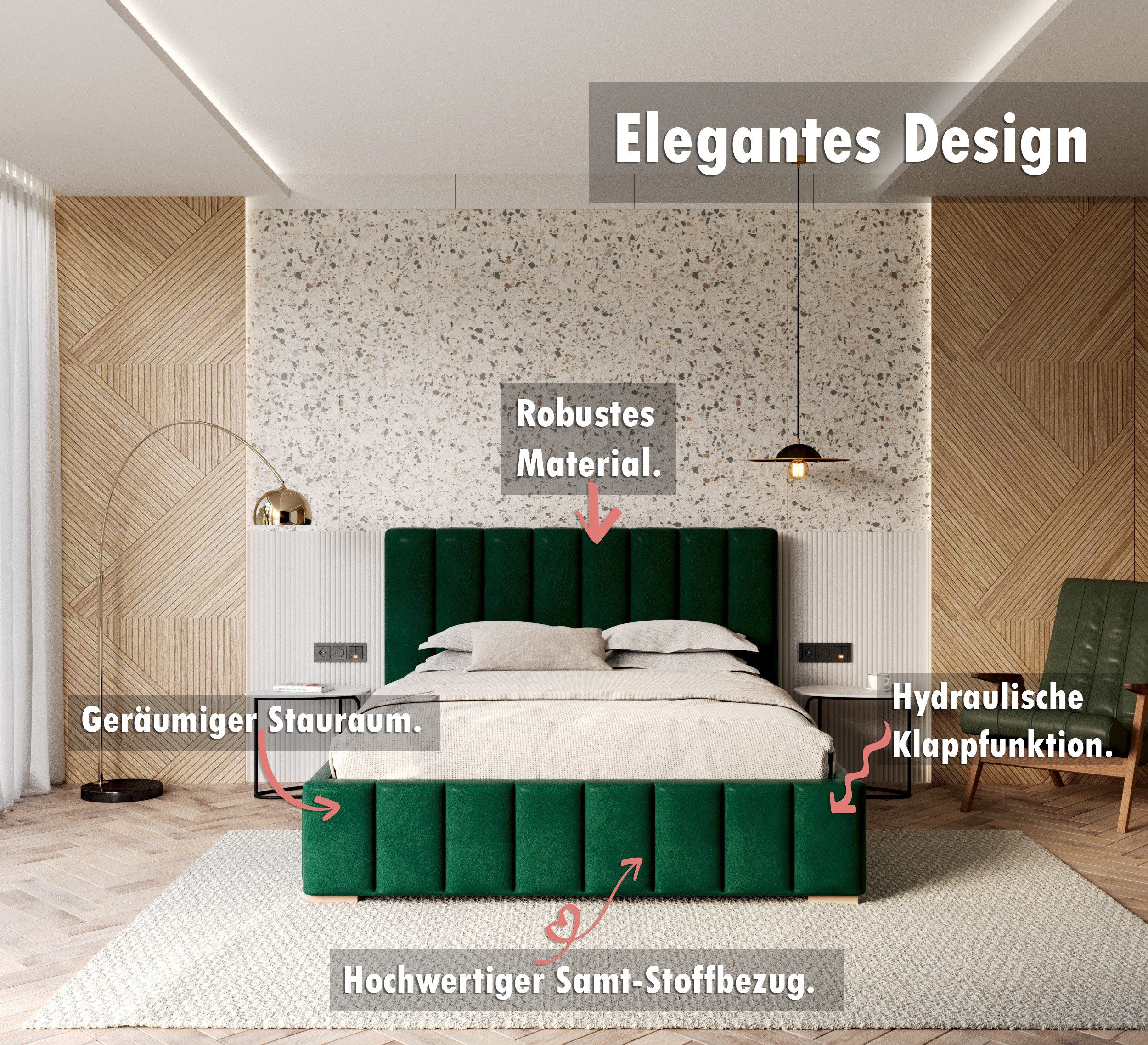 thematys Polsterbett 90x200–180x200 cm – Samt Velours, Bett mit Bettkasten & Lattenrost (Optional mit 28 cm H3/H4 Taschenfederkern oder 23 cm Taschenfederkern-M – Bild 2 von 5