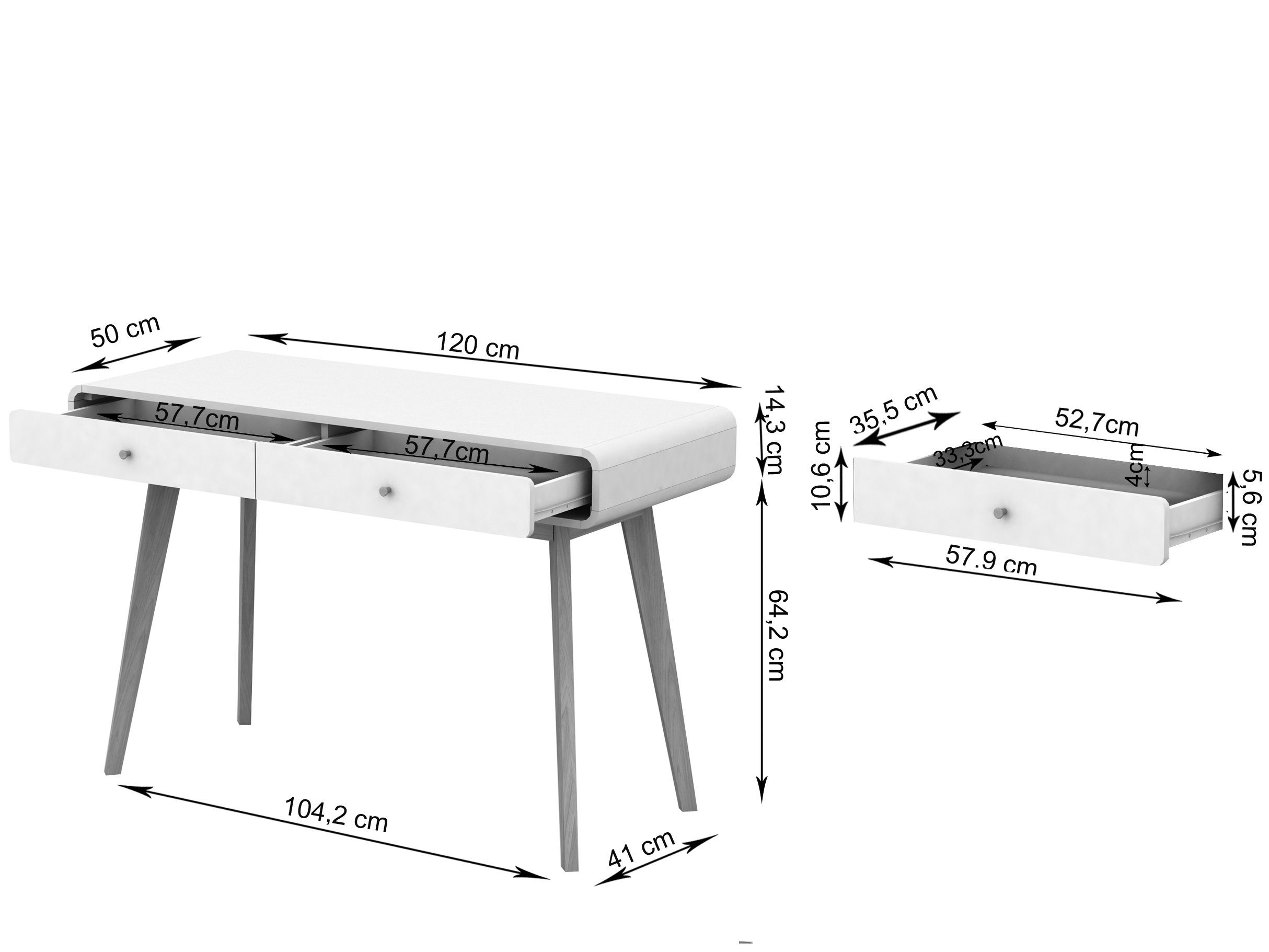 Schreibtisch weiß/weiß Breite Farbvarianten, Schubladen loft24 120 cm Caitlin, 2 Büro-/Computertisch,