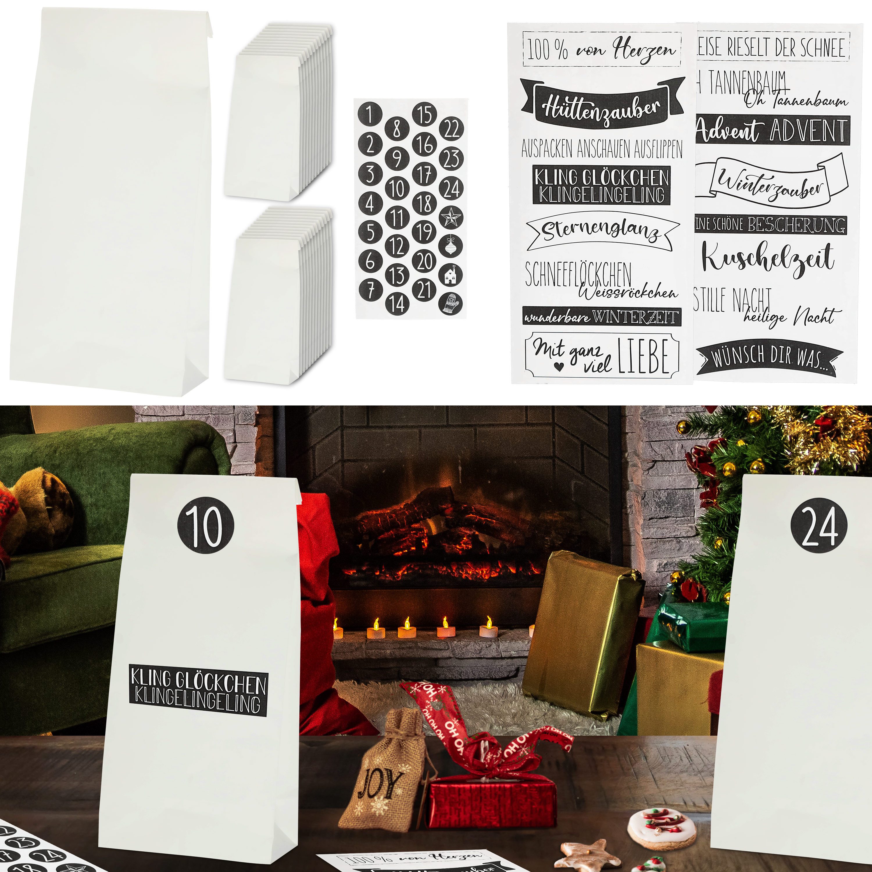 CEPEWA Adventskalender Adventskalender DIY Bastelset 68tlg. schwarz weiß Papiertüten Sticker