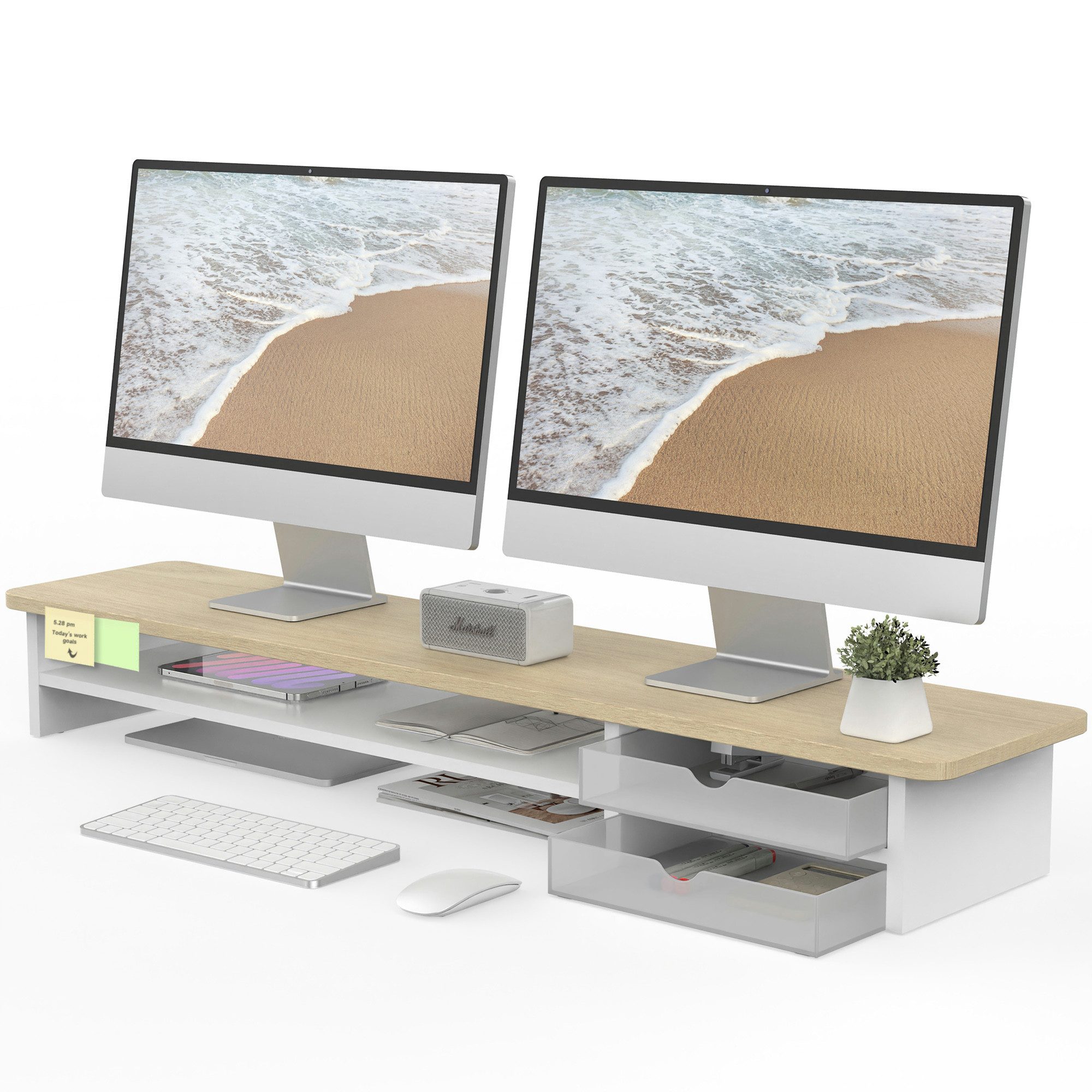 Fenge Monitorständer 108 cm breit, mit 2 Schubladen, (Schubladen flexibel positi