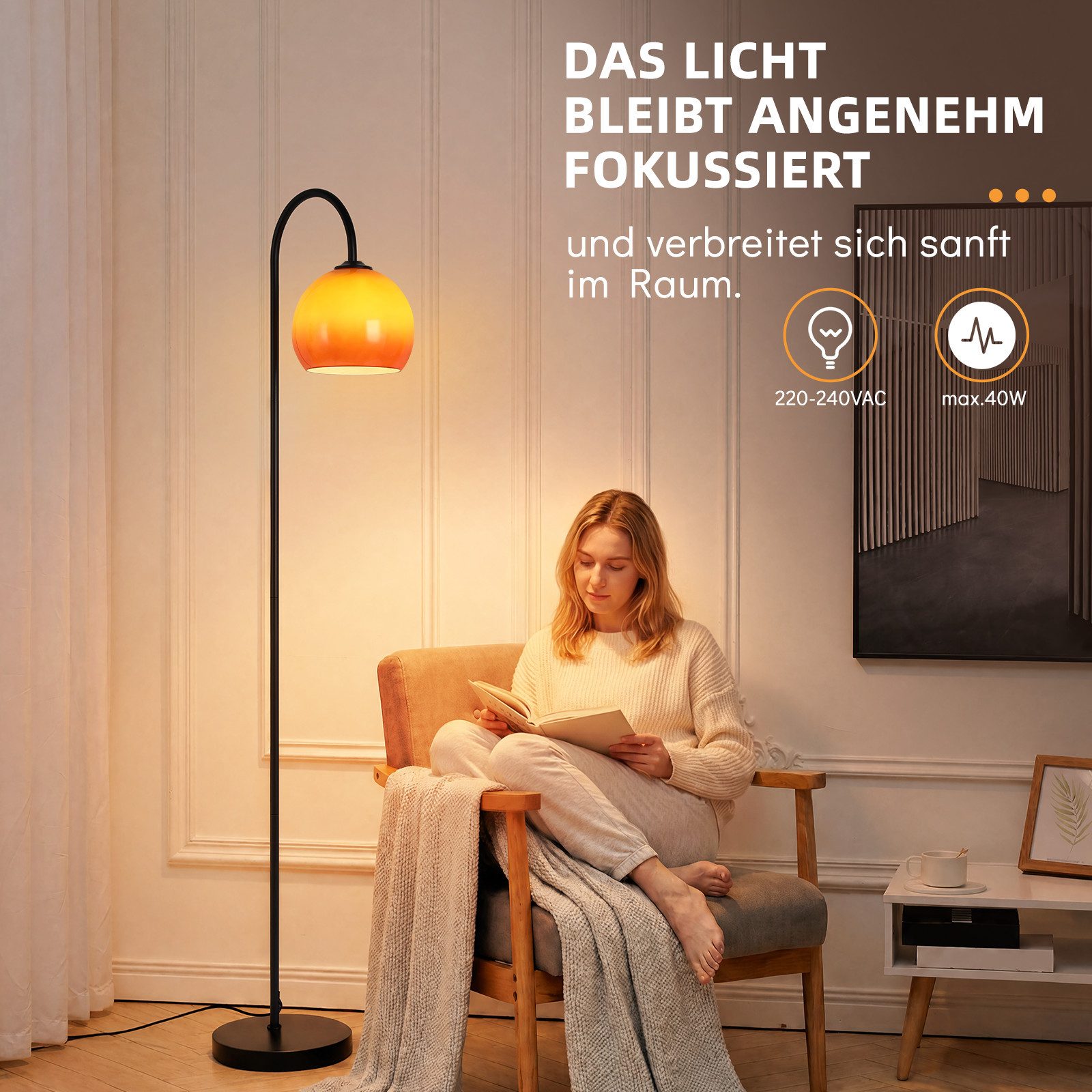 Nettlife Stehlampe bogen wohnzimmer Angelstil Höhe verstellbar drehbarer Fußschalter E27, ohne Leuchtmittel, für Wohnzimmer Schlafzimmer Arbeitszimmer Eisen Glas 220-240V max. 40W