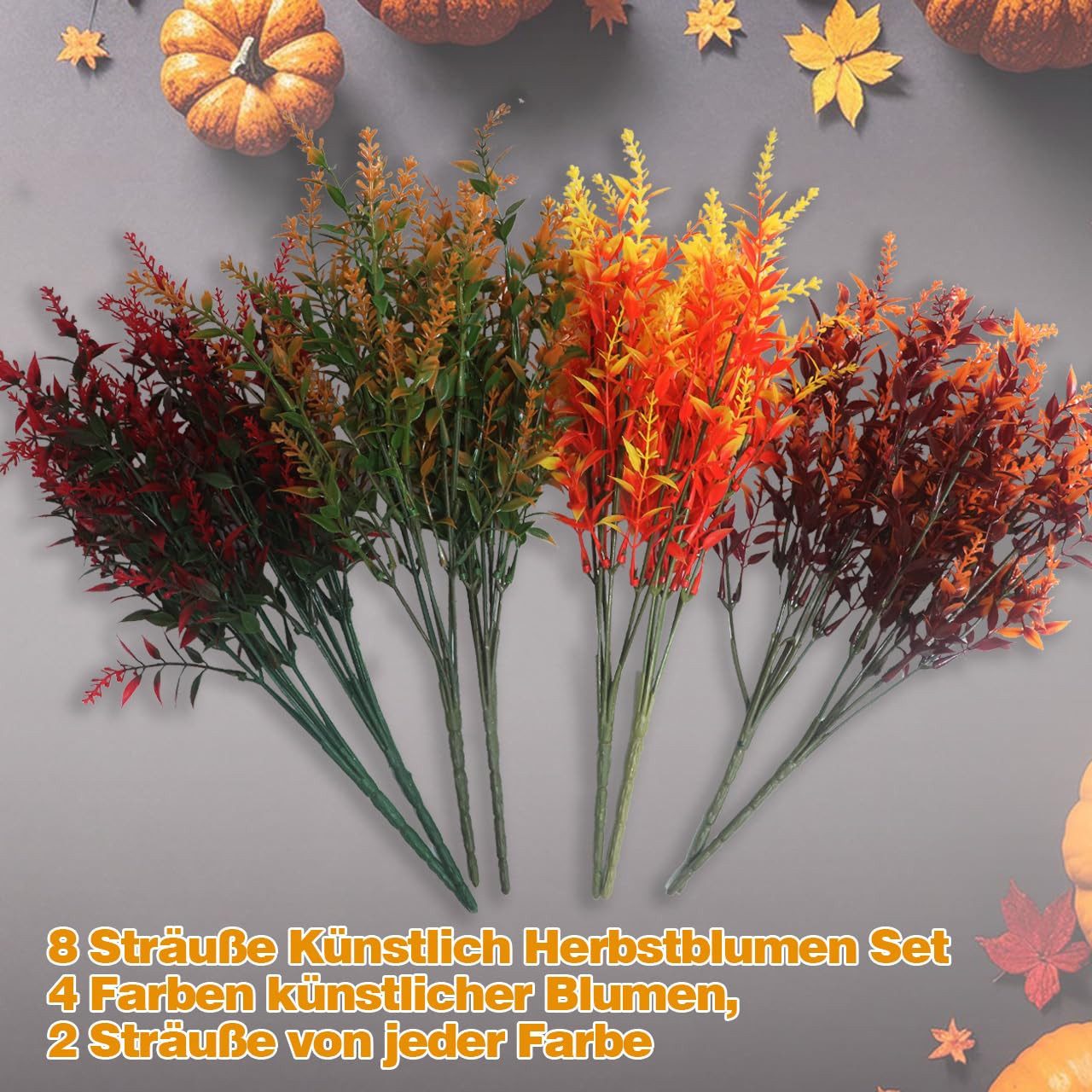 Kunstblumenstrauß 8 Bündel Künstliche Herbstblumen Künstlich Herbststrauß Herbst Deko, Diwzbyn, Herbst Balkonpflanzen Herbstzweige für Drinnen Draußen Garten Ti – Bild 3 von 5