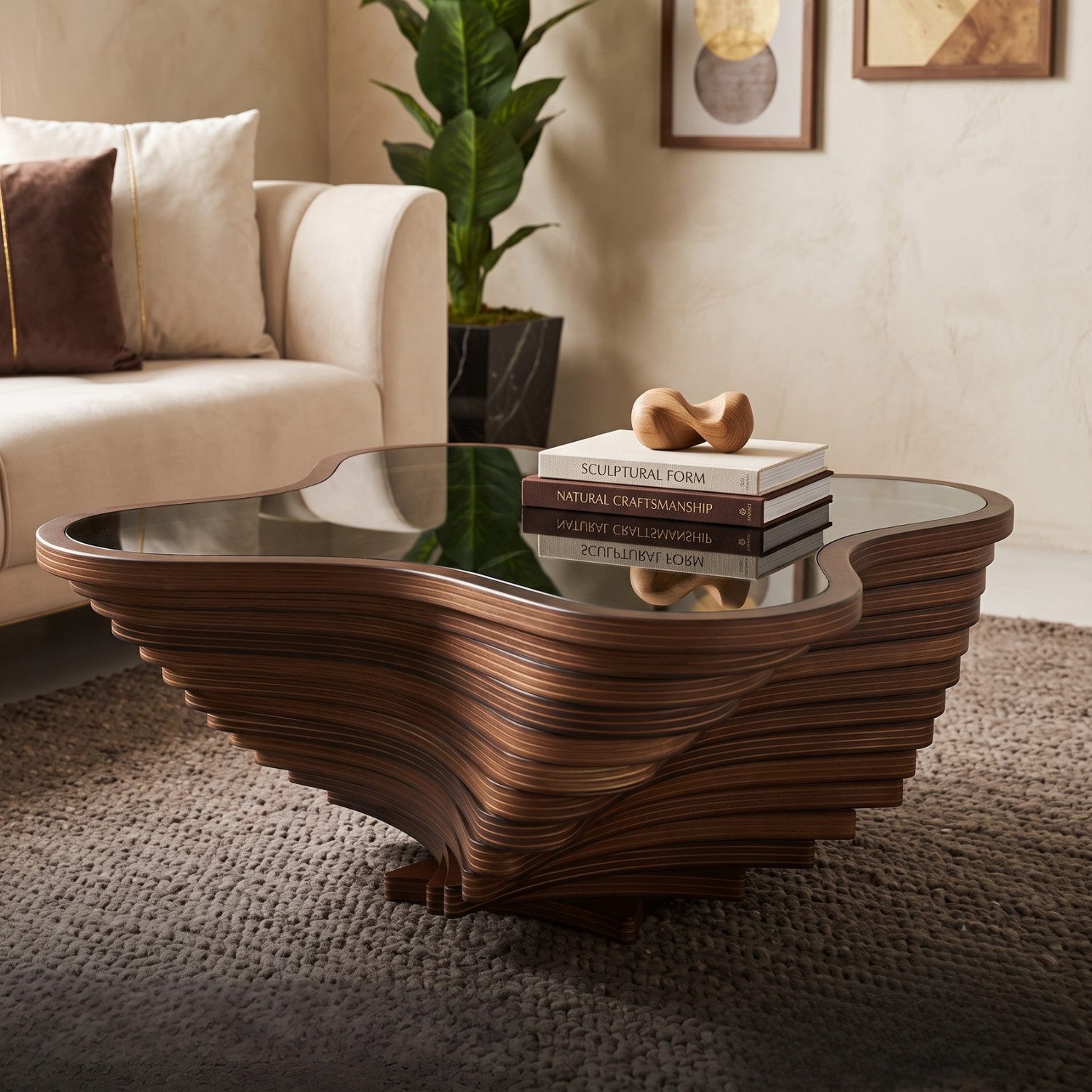 alesvelt Couchtisch Couchtisch rustikal handgefertigt Nussbaum Beistelltisch Glasplatte (1-Tisch), 90x90x39cm handgefertig Unikat Wellen-Optik MDF
