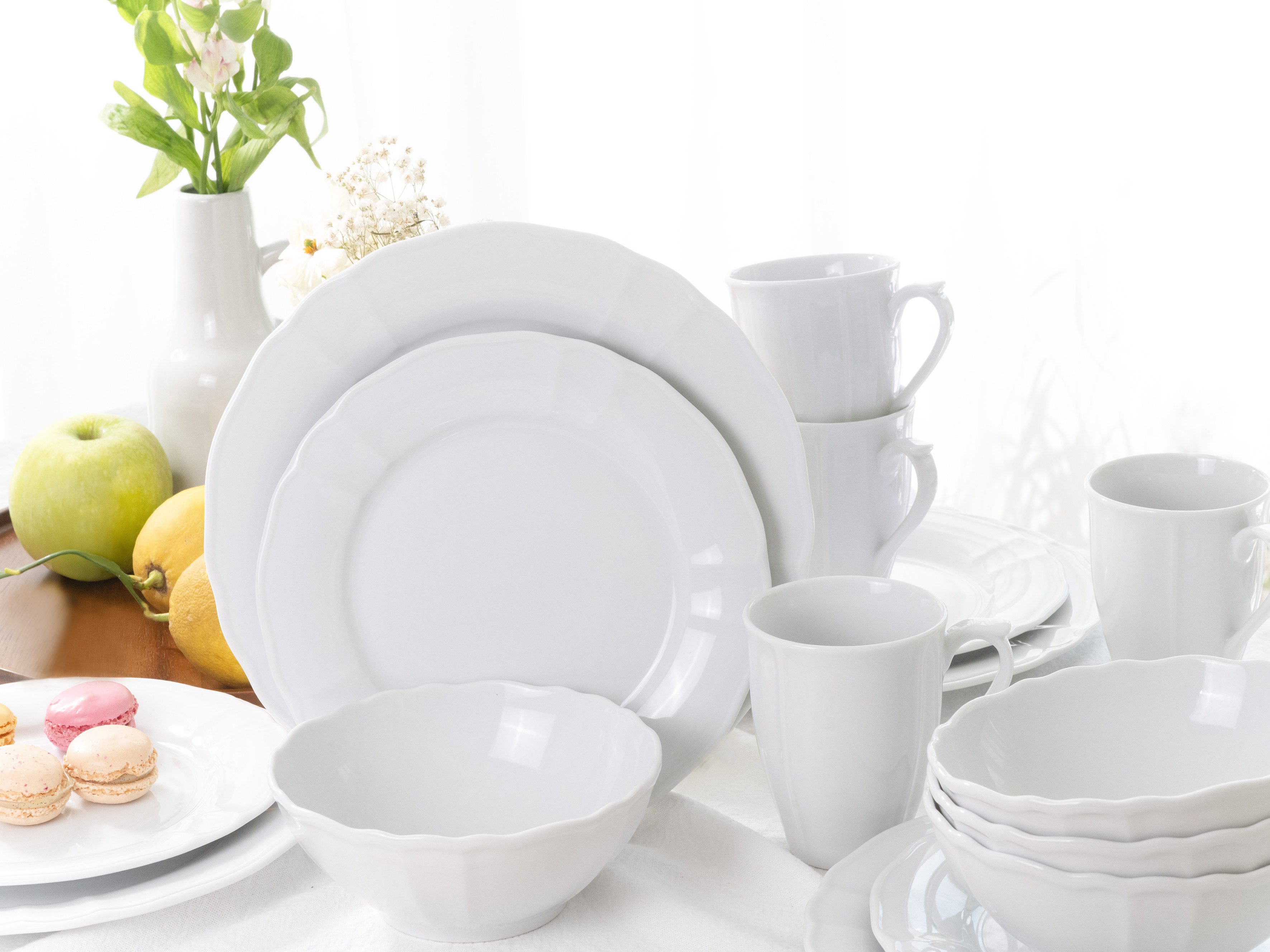 CreaTable Kombiservice Geschirr-Set Flora (16-tlg), 4 Personen, Porzellan, Service weiß, klassische Form im Landhausstil 16 Teile, für 4 Personen
