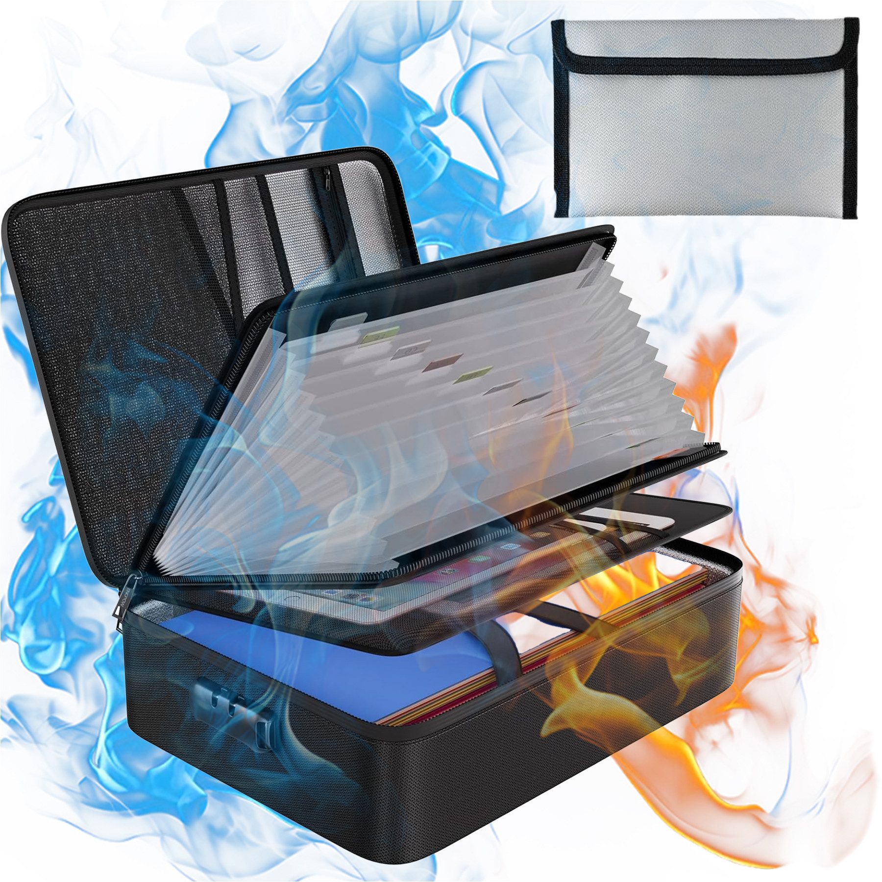 Mutig Dokumententasche Feuerfeste Dokumententasche Dokumentenaufbewahrungsbox mit 7 Fächern (mit 13 Fächer Tragbare Aktentasche Zuhause und Büro, Wasserfeste Dokumenten-Organizer, 5200°F A4, Etiketten), für Büro,im Auto, im Safe oder,sondern auch auf Reisen mitnehmen