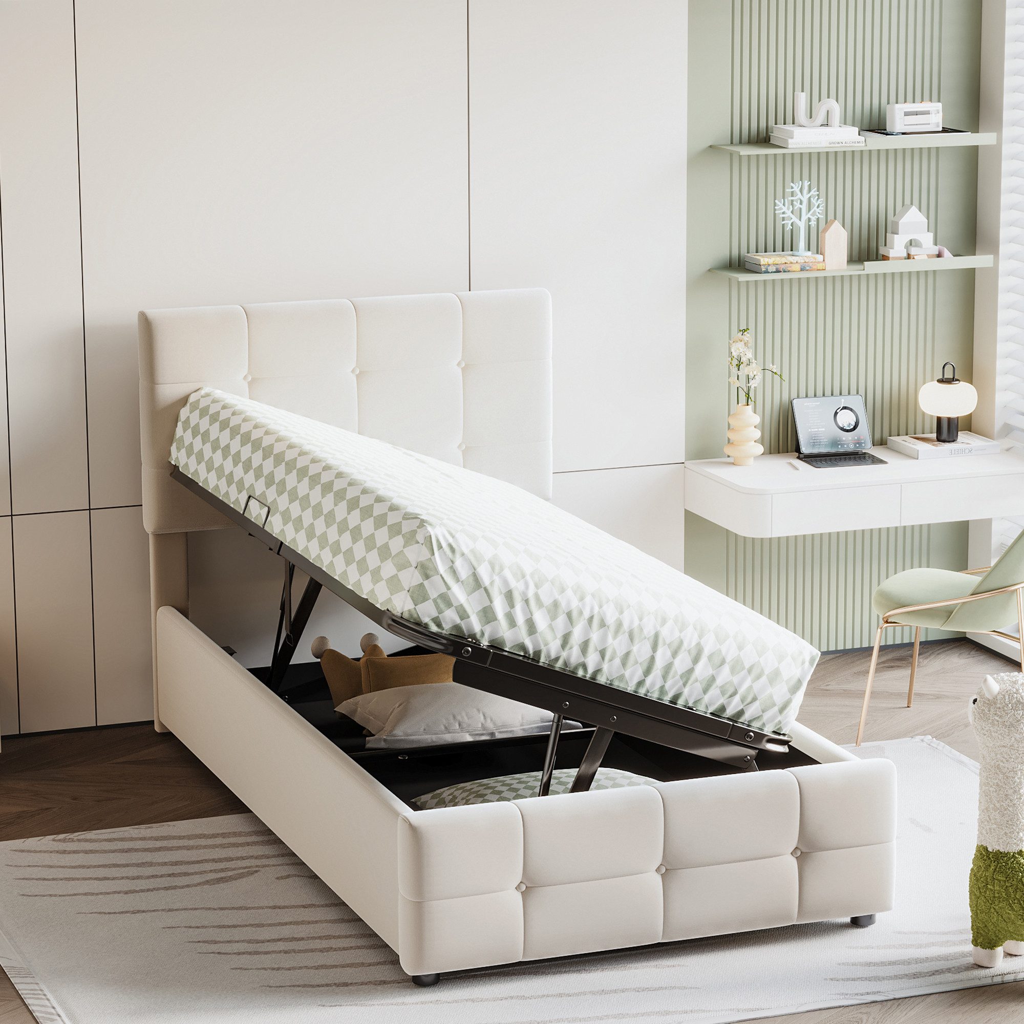 SOFTWEARY Stauraumbett mit Bettkasten und Lattenrost (90x200 cm), Kopfteil günstig online kaufen