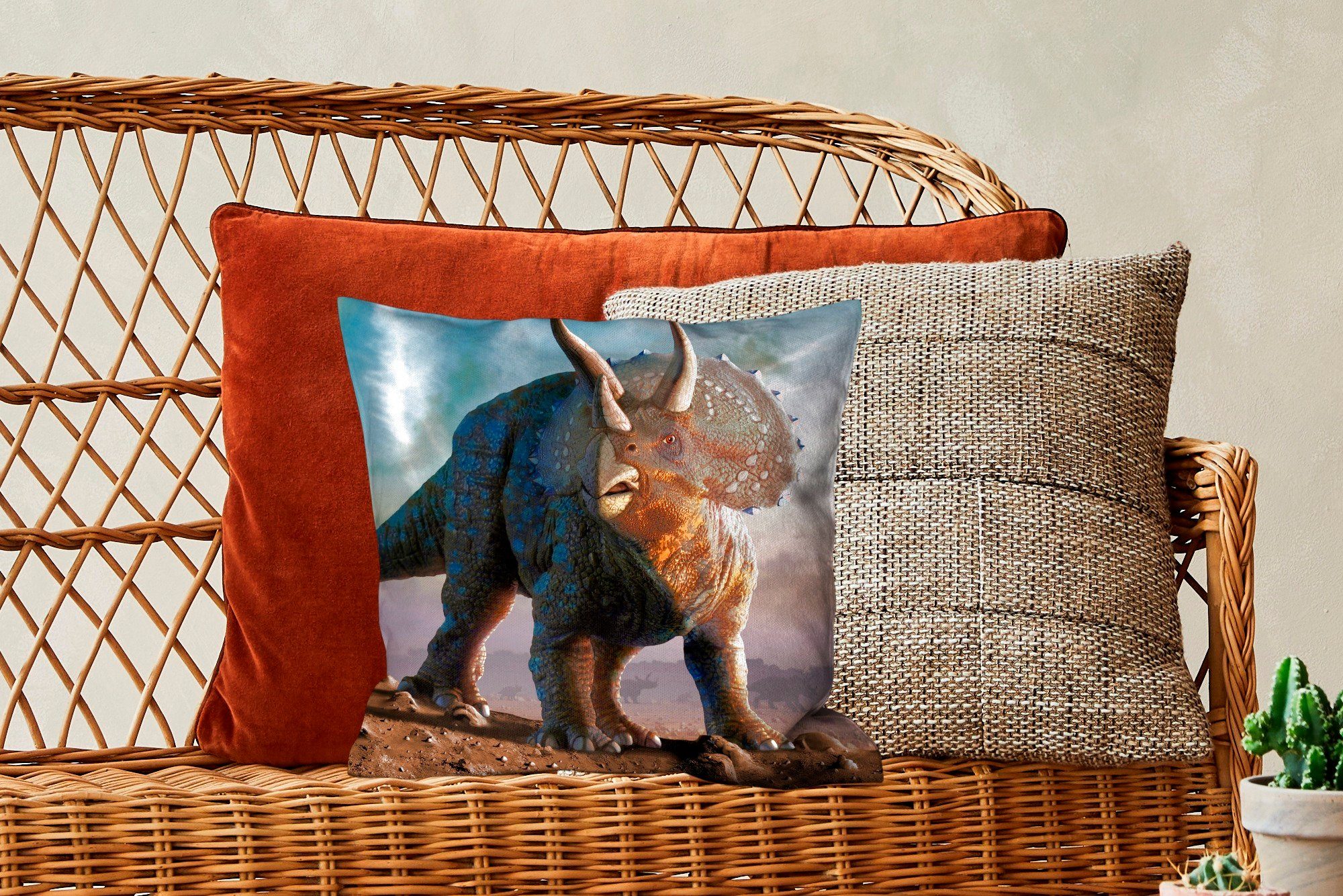 - Dekokissen Deko, Kinder Dino für Triceratops - - Geschichte Sofakissen Schlafzimmer, Junge, Kinder - mit Zierkissen Wohzimmer, Kleiner - MuchoWow Füllung