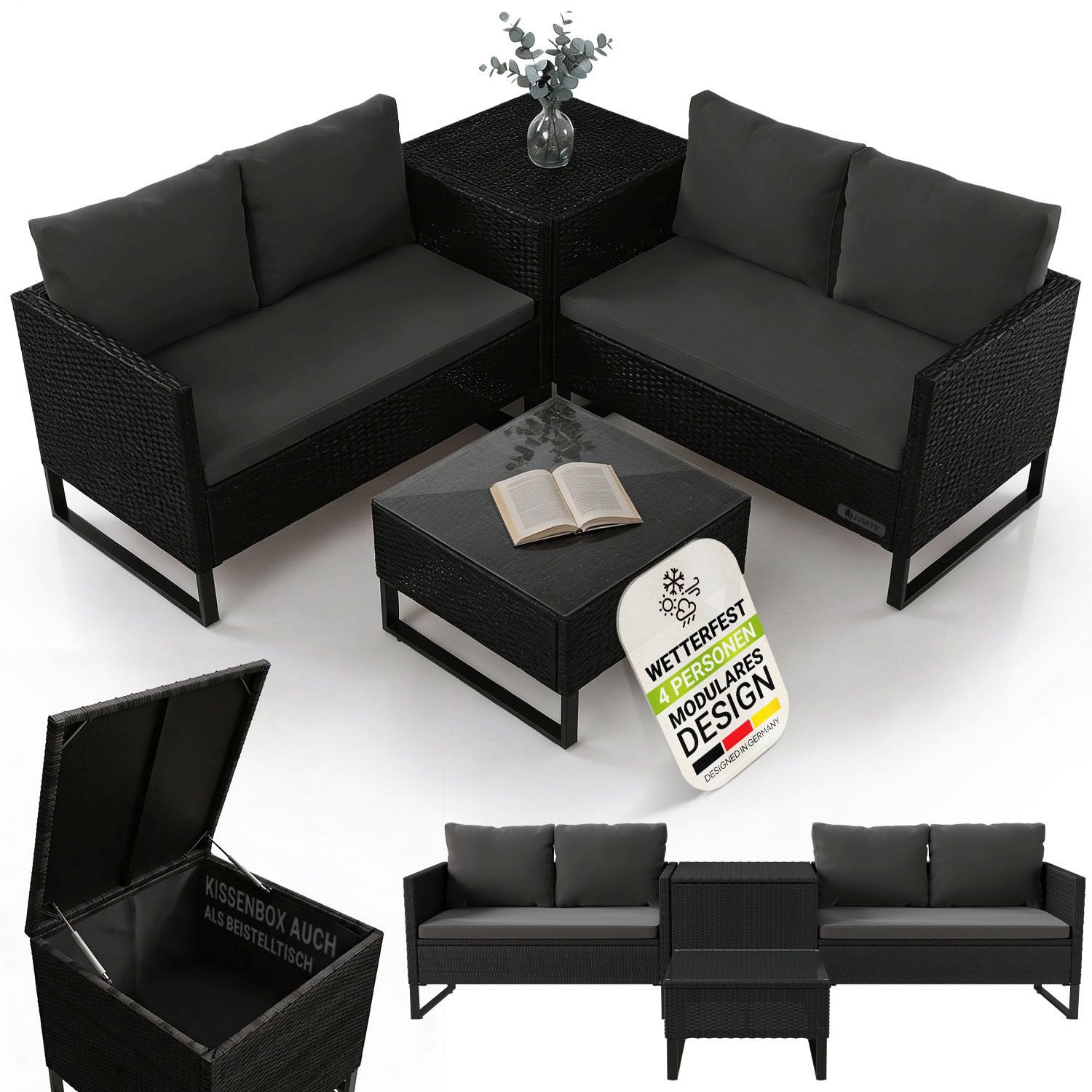 Juskys Gartenlounge-Set Santorini, (4-tlg), Polyrattan Sitzgruppe mit Beistelltisch & Auflagenbox, wetterfest