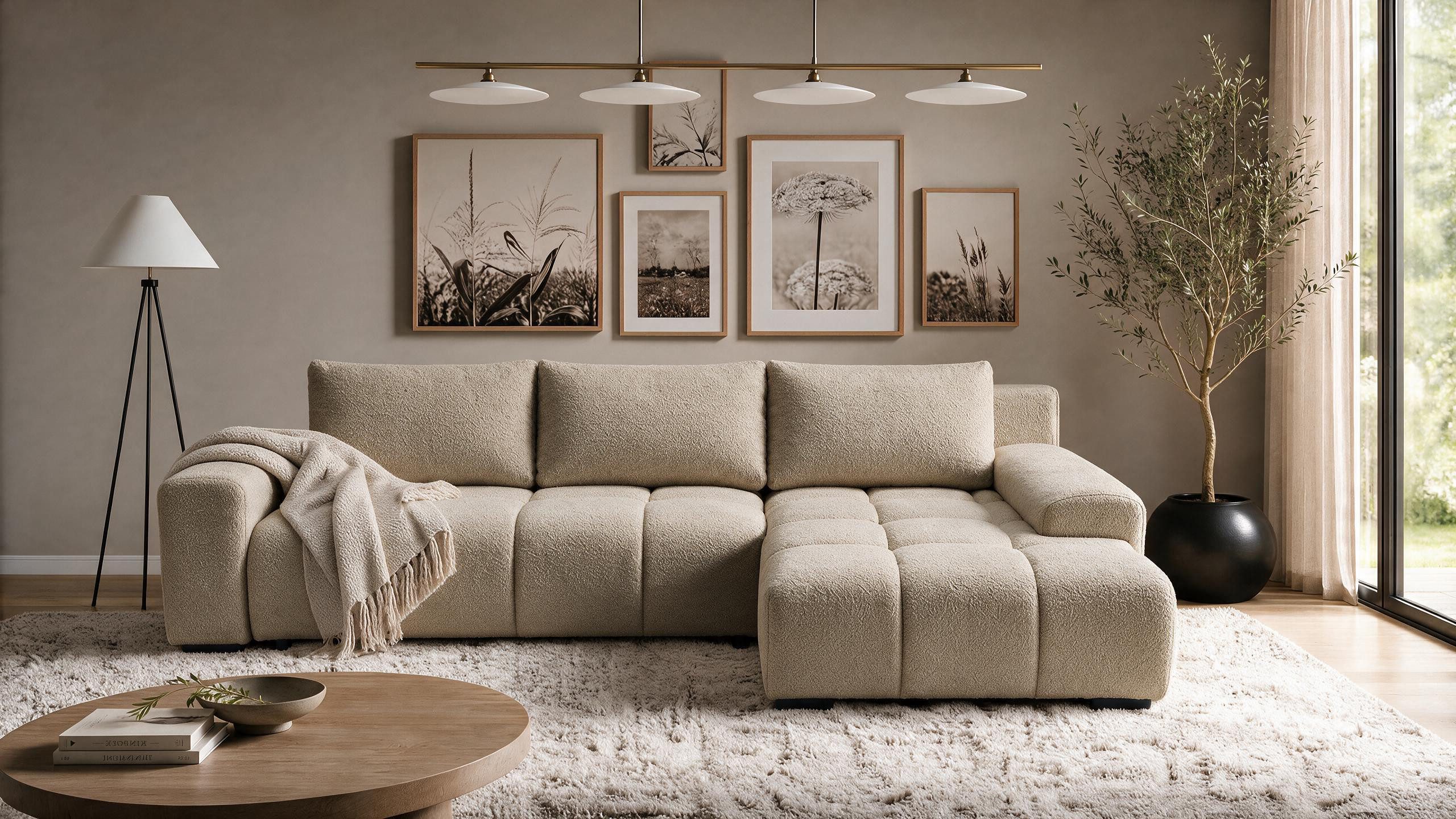storez24 Ecksofa Ovia, mit Bettkasten und Schlaffunktion, Bouclé-Stoff, L-Form, bequem