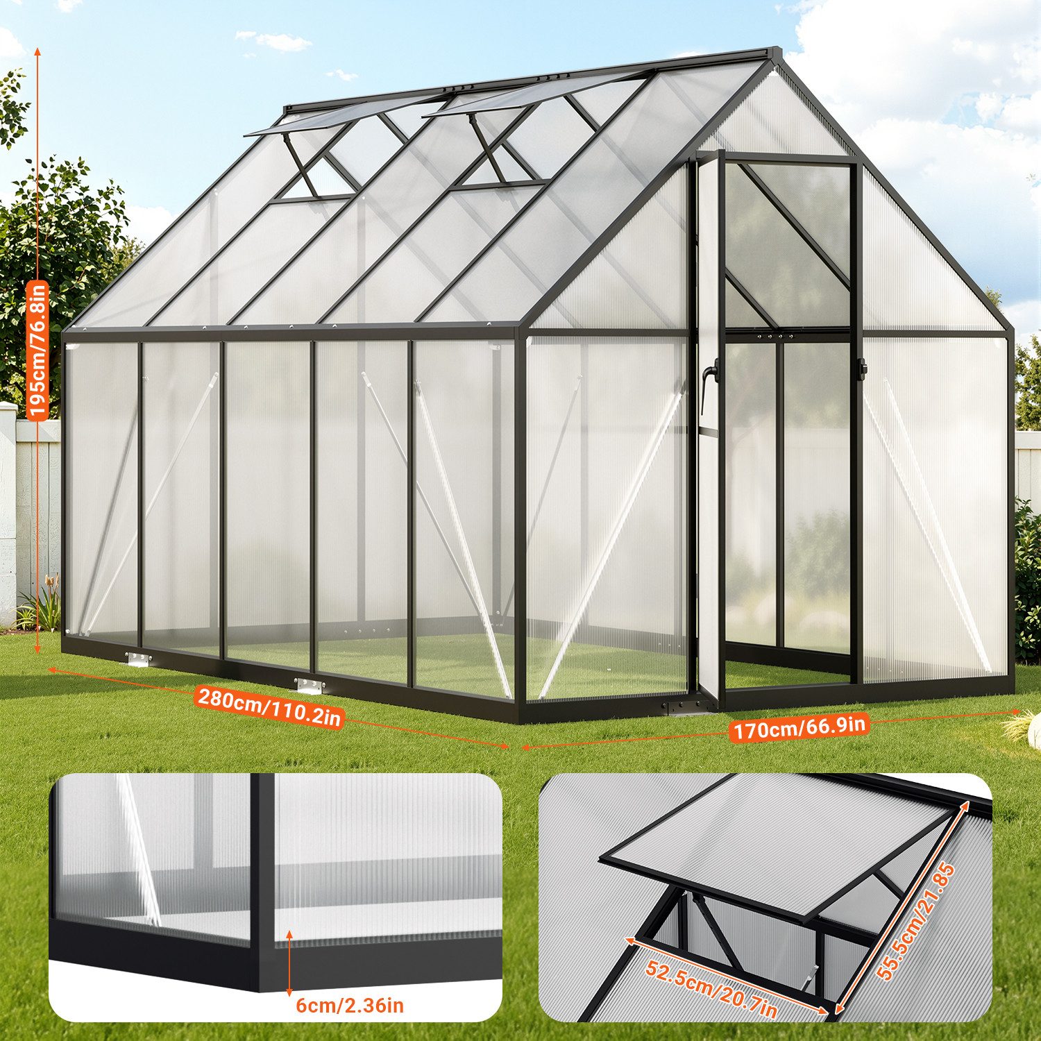 Clanmacy Gewächshaus Aluminium-Gewächshaus 280 × 170 × 195 cm, Schwarz – Bild 5 von 5