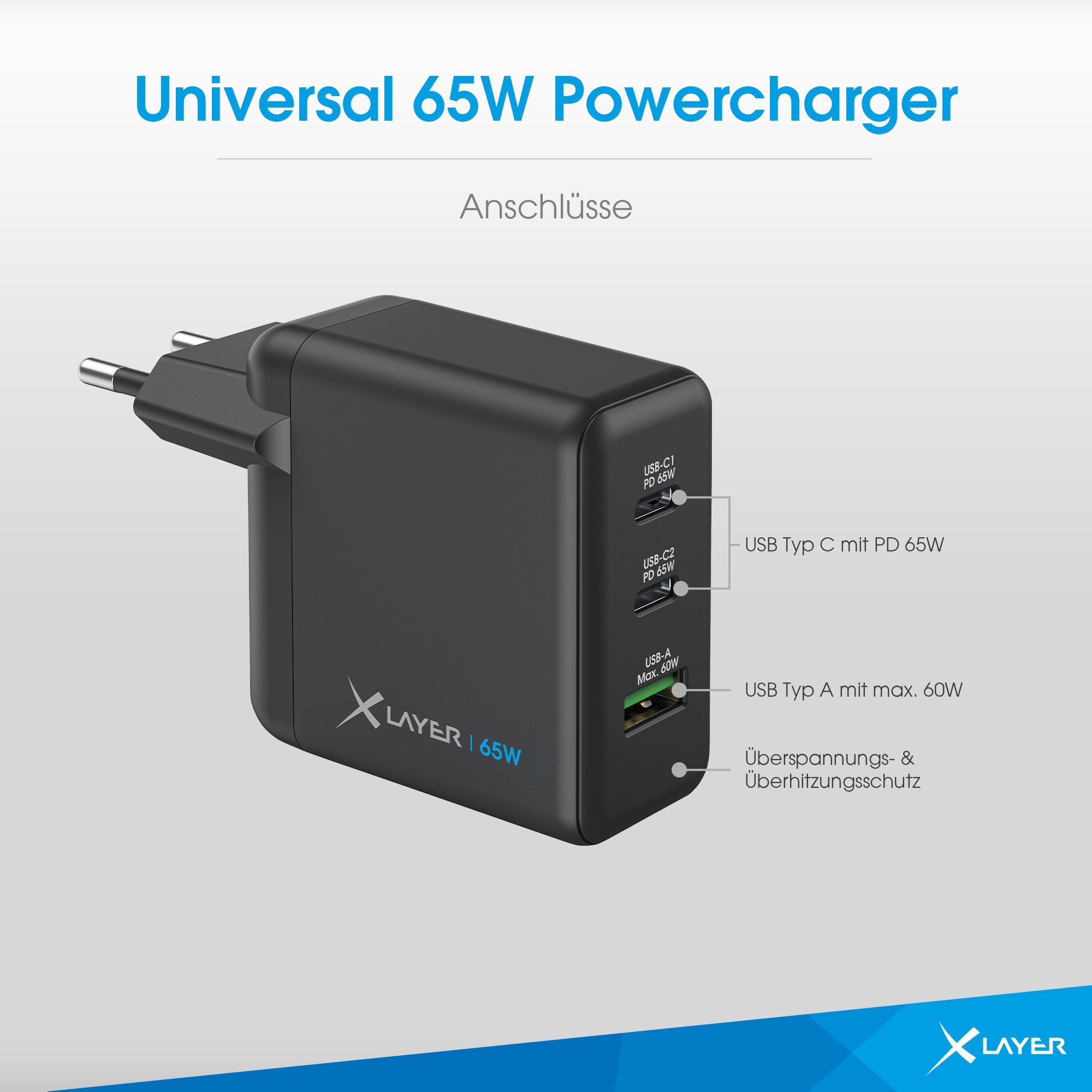 XLAYER USB-C 3-Port Schnellladegerät Schwarz GaN Powercharger Smartphone-Ladegerät 65W Technologie