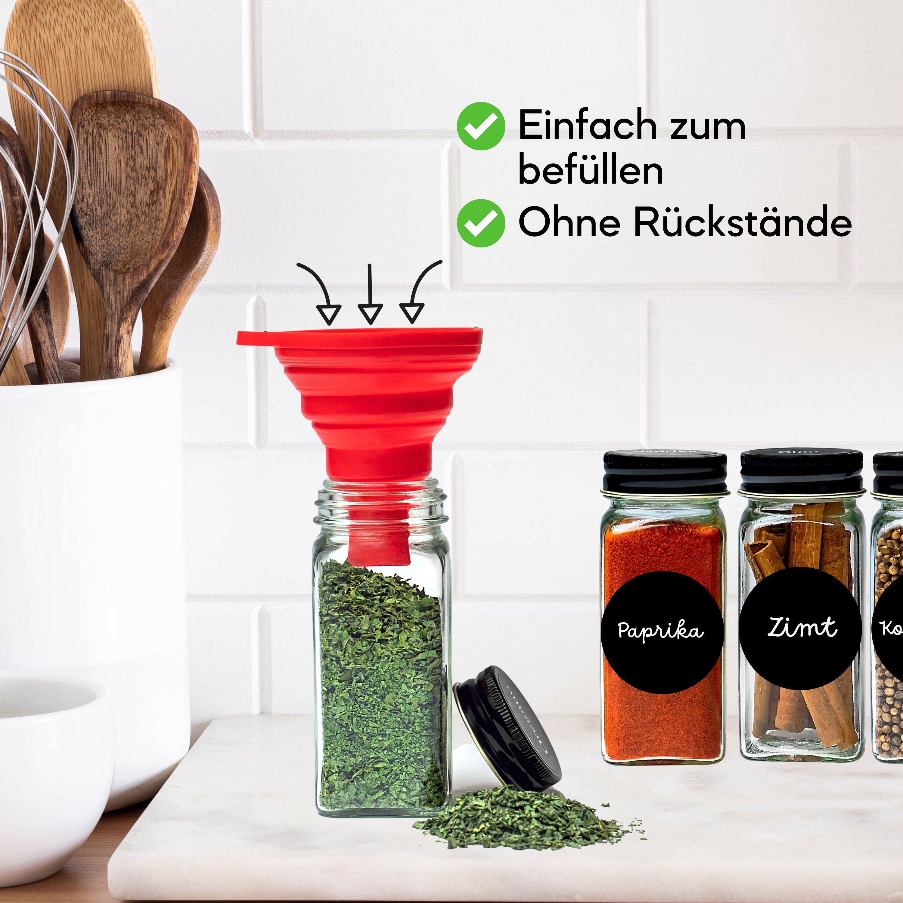 Coradoma Gewürzbehälter Gewürzgläser Set Eckig inkl. Etiketten - Glasbehälter Vorratsdosen, Glas, (24-tlg), mit Reinigungsbürste, Trichter zum Befüllen, Gewürze – Bild 4 von 5