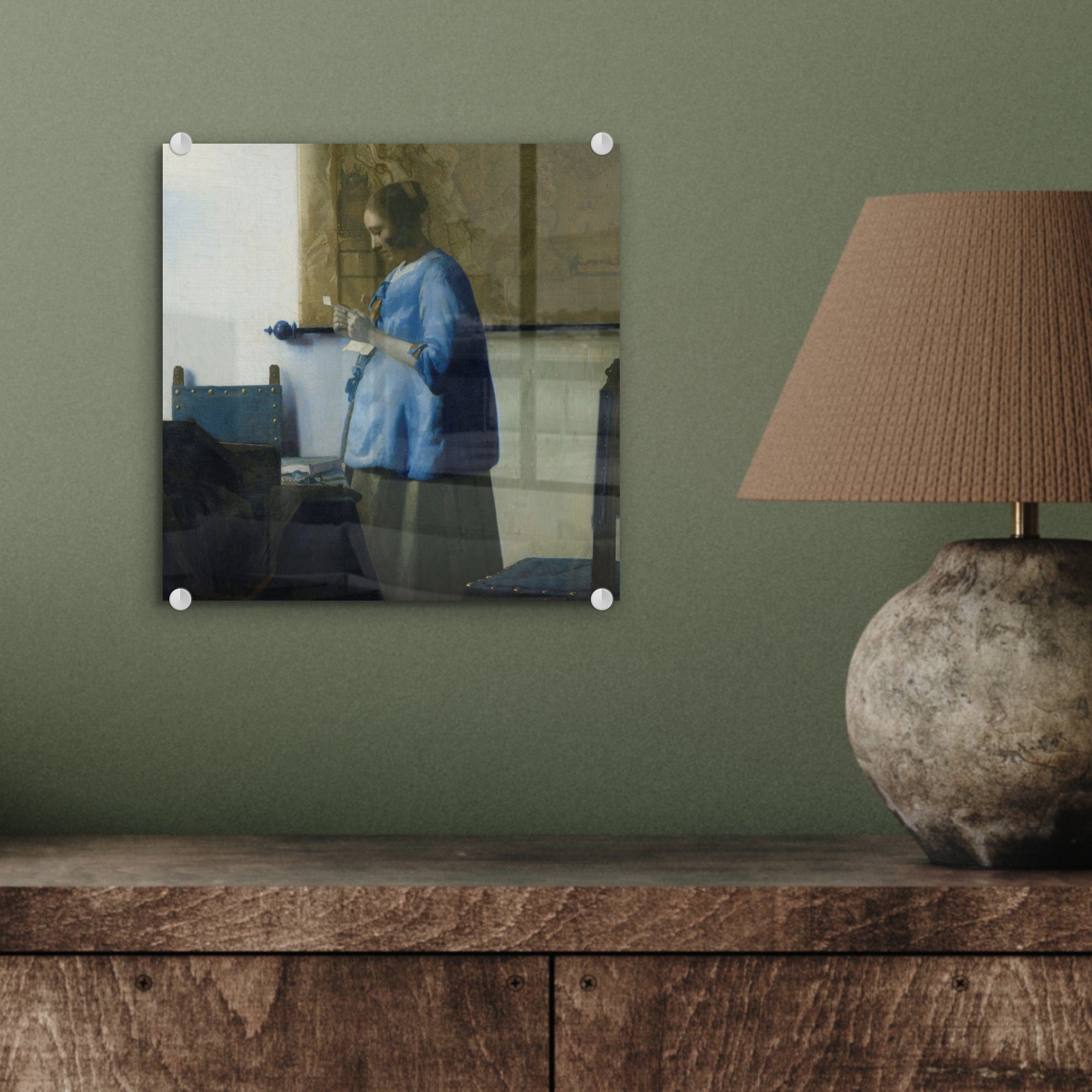 - Wanddekoration in einen Foto Gemälde Glas von St), liest MuchoWow Brief Glasbilder - Vermeer, Johannes - Acrylglasbild - Frau (1 Blau Wandbild auf Bilder Glas auf