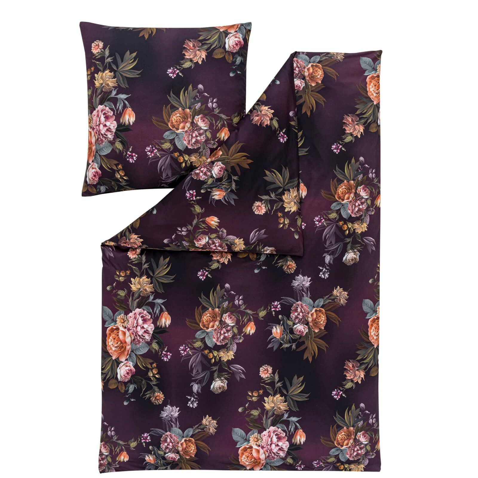 Estella Bettwäsche Grazia 6945 675 Pflaume, Baumwolle, 2 teilig, Blüten, Rosen, Pfingsrosen