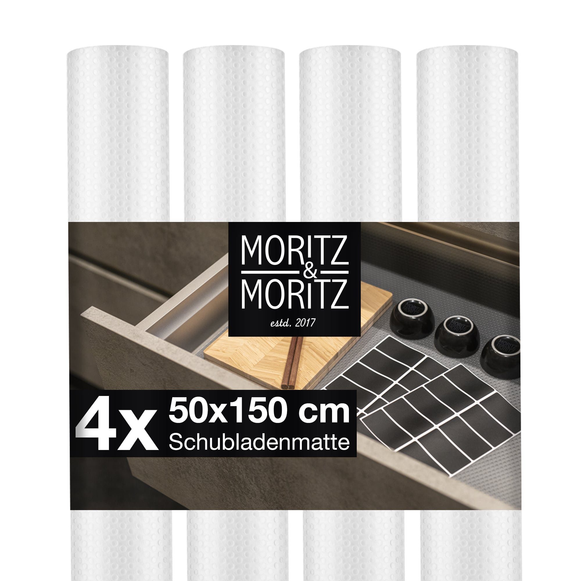 Moritz & Moritz Schubladenmatte Antirutschmatte für Schubladen, 50 cm breit - Inkl. 20 Tafelaufkleber