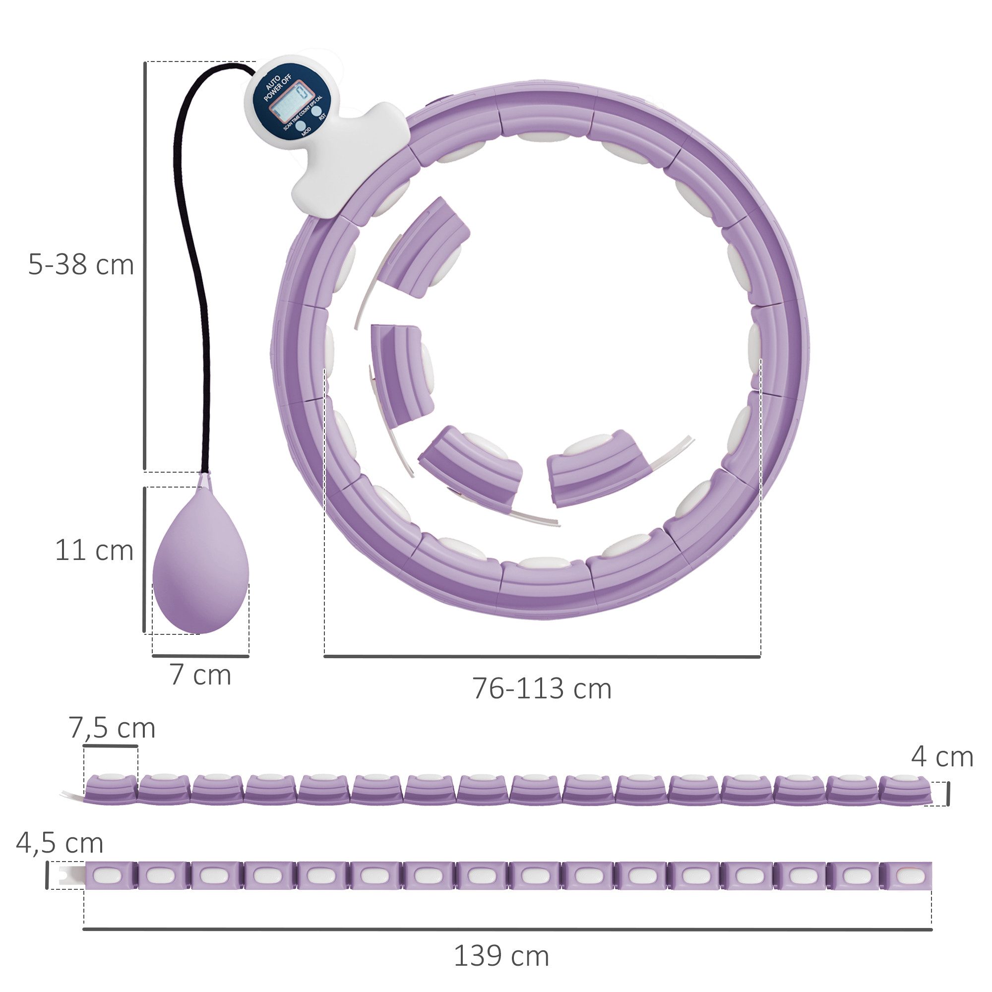 SPORTNOW Hula-Hoop-Reifen mit Gewicht Kugel, Zähler, 16 Knoten (76-113cm) (einstellbar Fitness leise Abnehmen Ausrüstung, 1-tlg., Fitnessgerät), für Gewichtsverlust, Fitness Violett