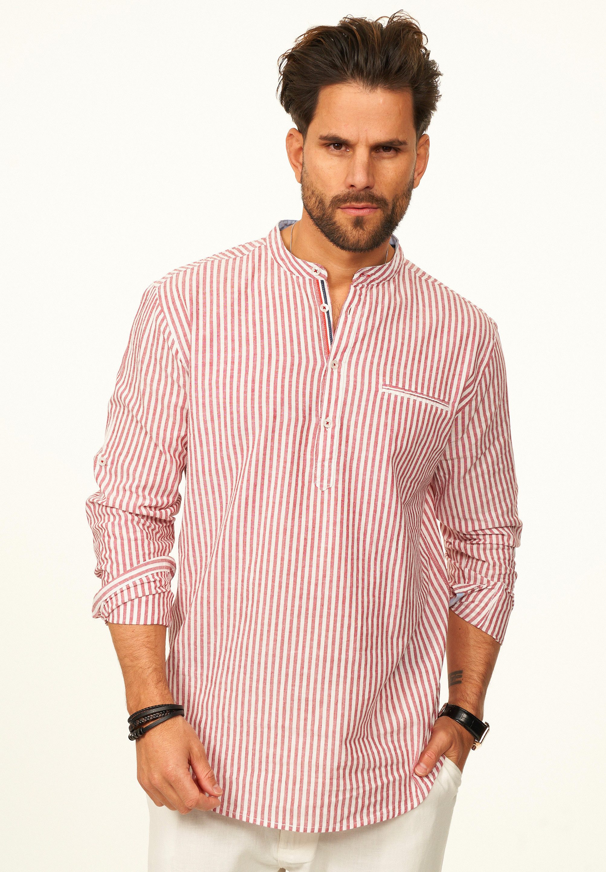 behype Langarmhemd Gestreift im Regular-Fit mit Henley-Stehkragen Herren Sommerhemd als Freizeithemd