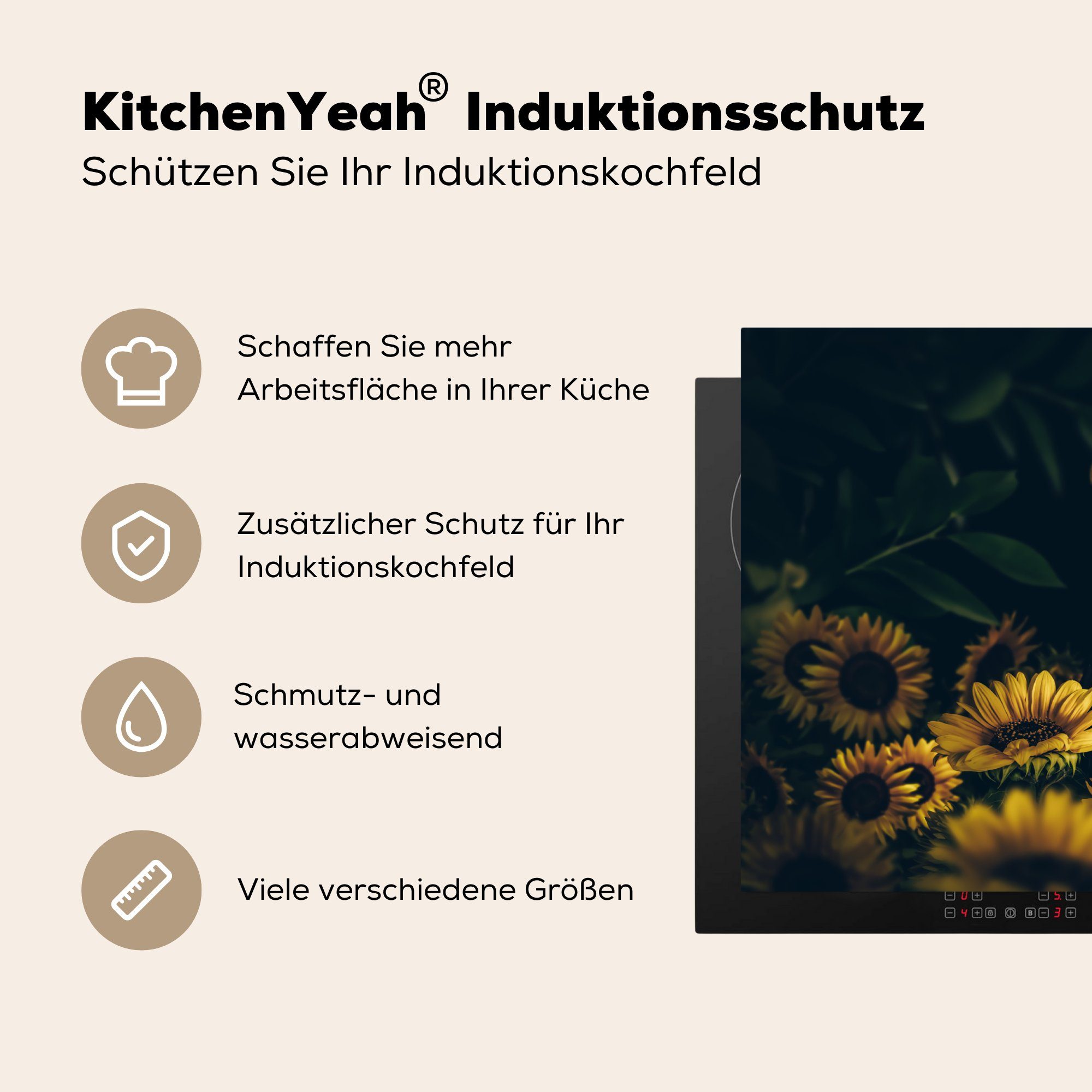 80x52 Adler - Schutz Herdblende-/Abdeckplatte Vinyl, Induktionskochfeld für MuchoWow die tlg), Gelb Botanisch, küche, cm, Blumen (1 - Ceranfeldabdeckung -