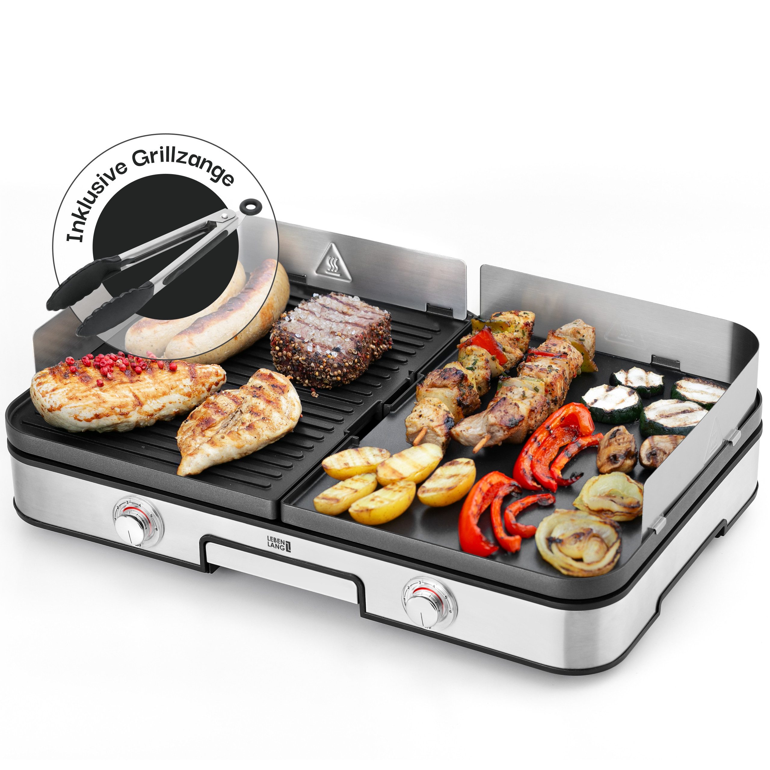 Lebenlang Tischgrill 2400W Elektrogrill inkl. Grillzange & Spritzschutz, 2400,00 W, 2 wendbare Grillplatten glatt/gerippt,2 Temperaturregler, In-&Outdoor