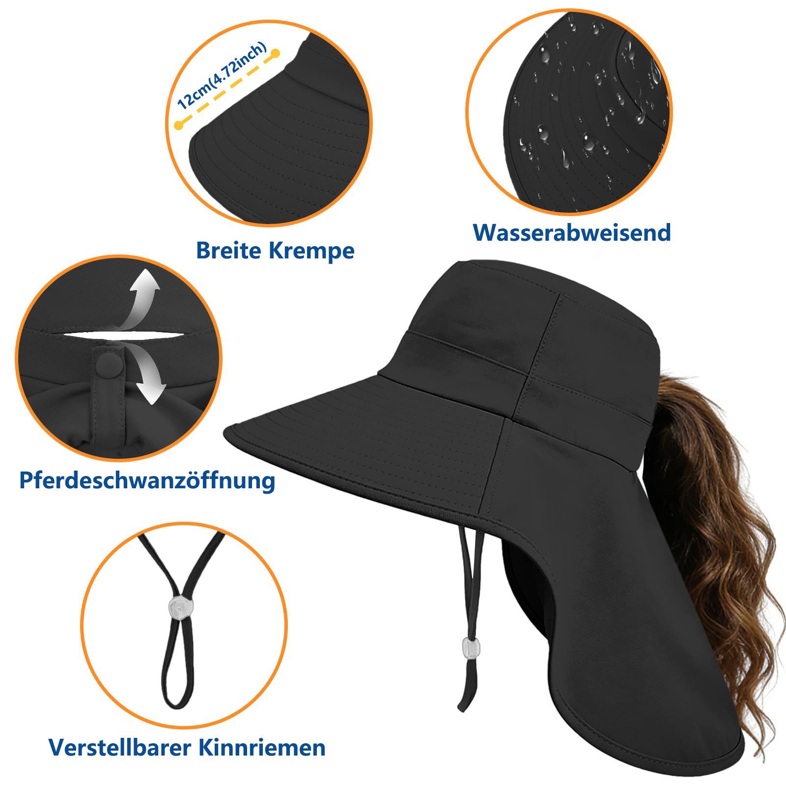 FOUORTUNATE-BEE Sonnenhut Sonnenhut für Damen mit Nackenschutz und Pferdeschwanzöffnung (rollbarer Damen-Sonnenhut, Anglerhut mit breiter Krempe)