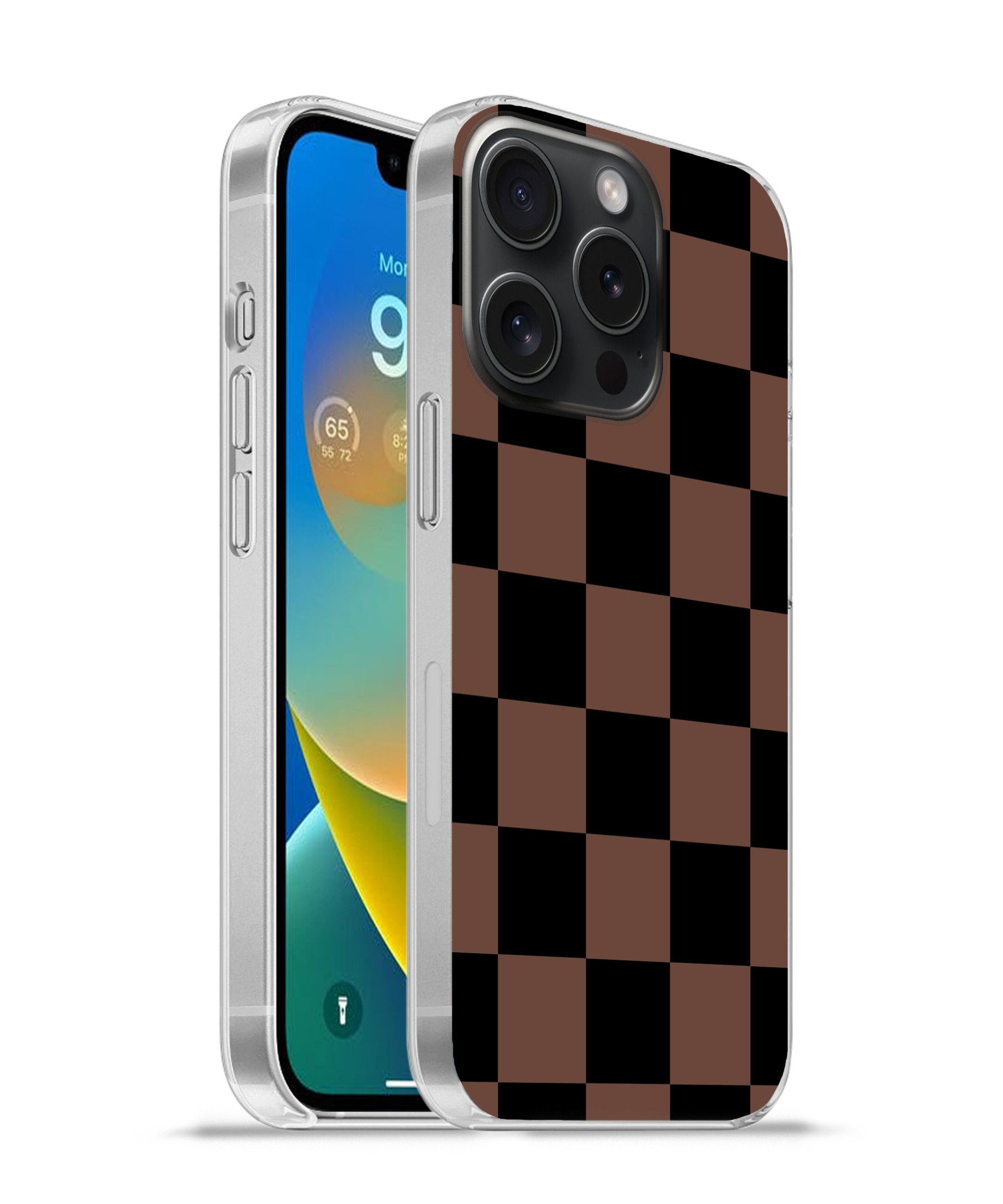MuchoWow Handyhülle für Apple iPhone 15 Pro Schachbrettmuster - Braun - Schwarz - Blöcke, Smartphone-Bumper, Print, Handy Schutzhülle Dünn