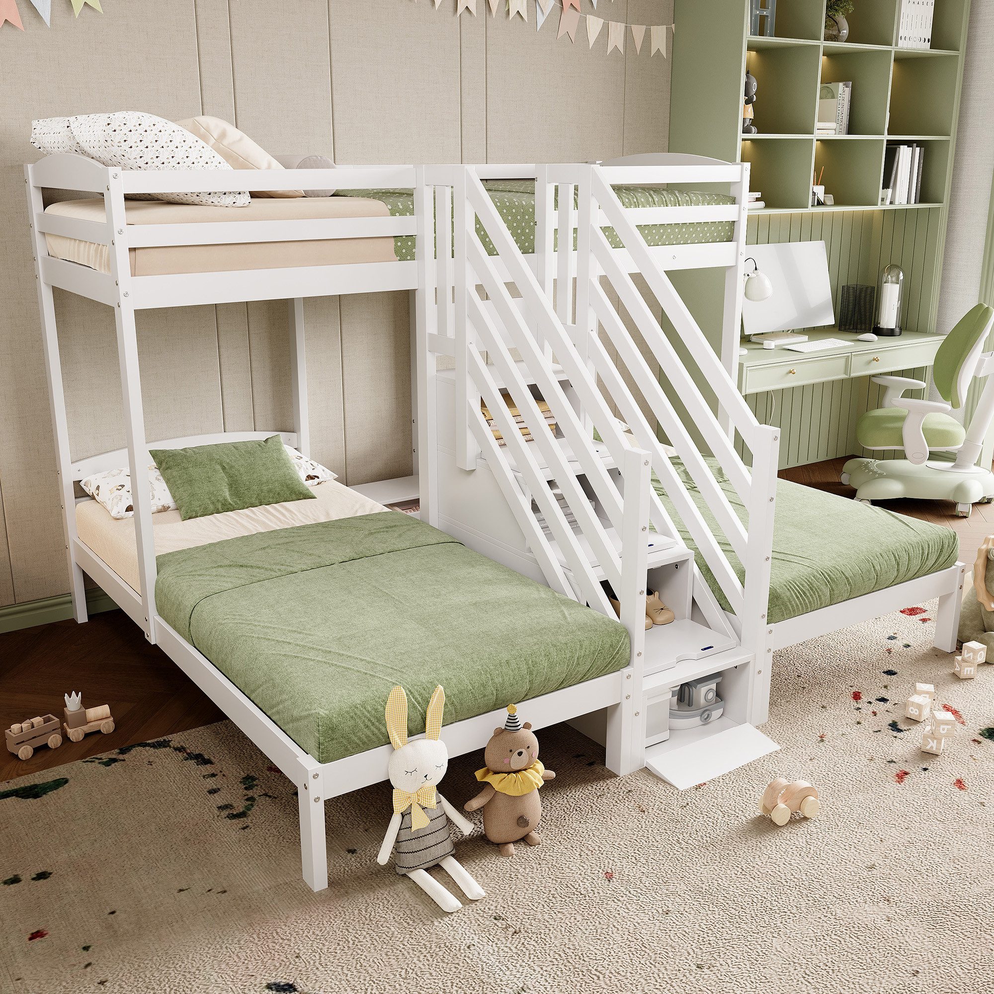 Flieks Etagenbett, Kinderbett Dreierbett 90x200cm mit Stauraumtreppe und Ge günstig online kaufen