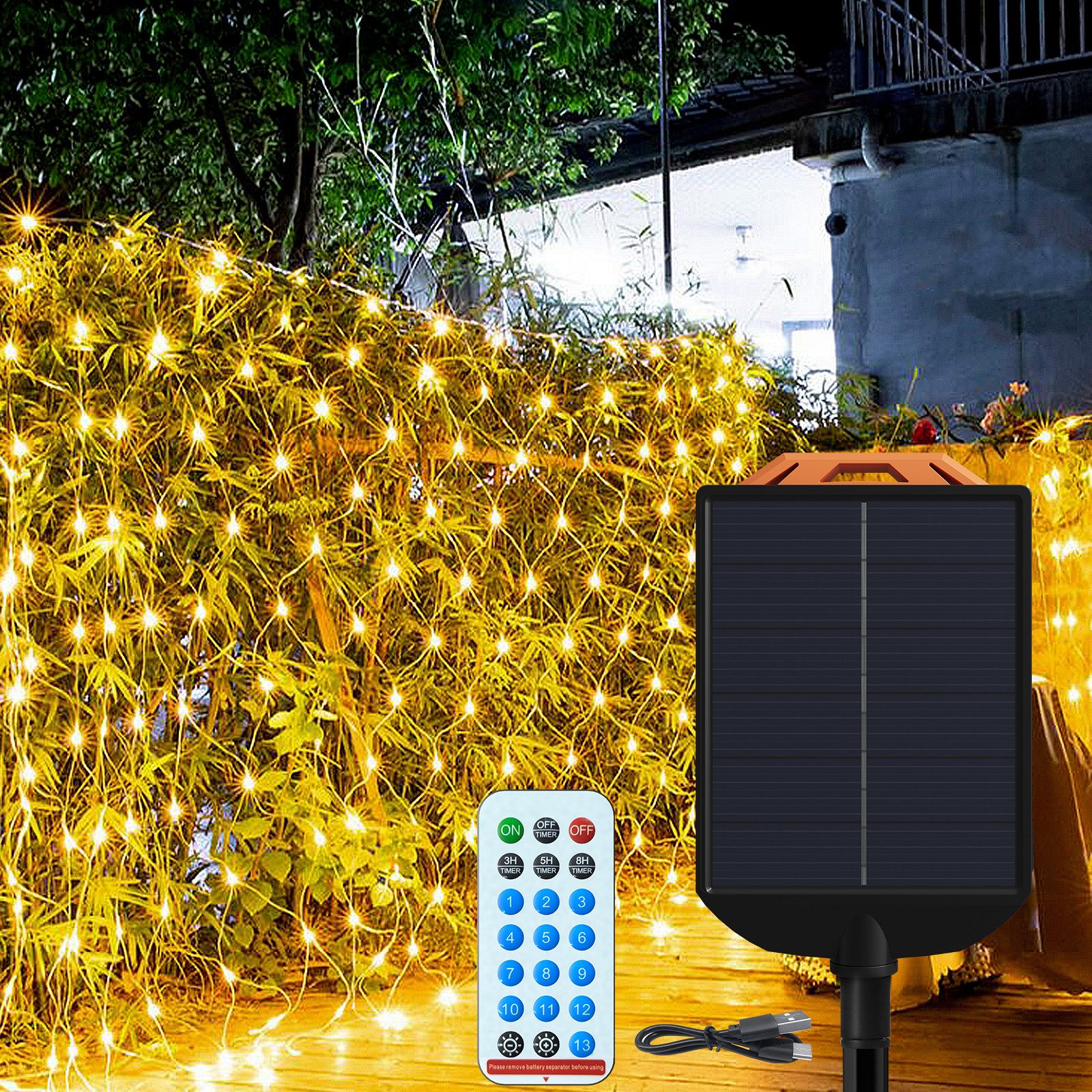 FIVMEN LED-Lichterkette Solar LED Lichternetz Timer 13 Modi Fernbedienung, Lichtervorhang für Gartendeko Balkon Hochzeit Weihnachten