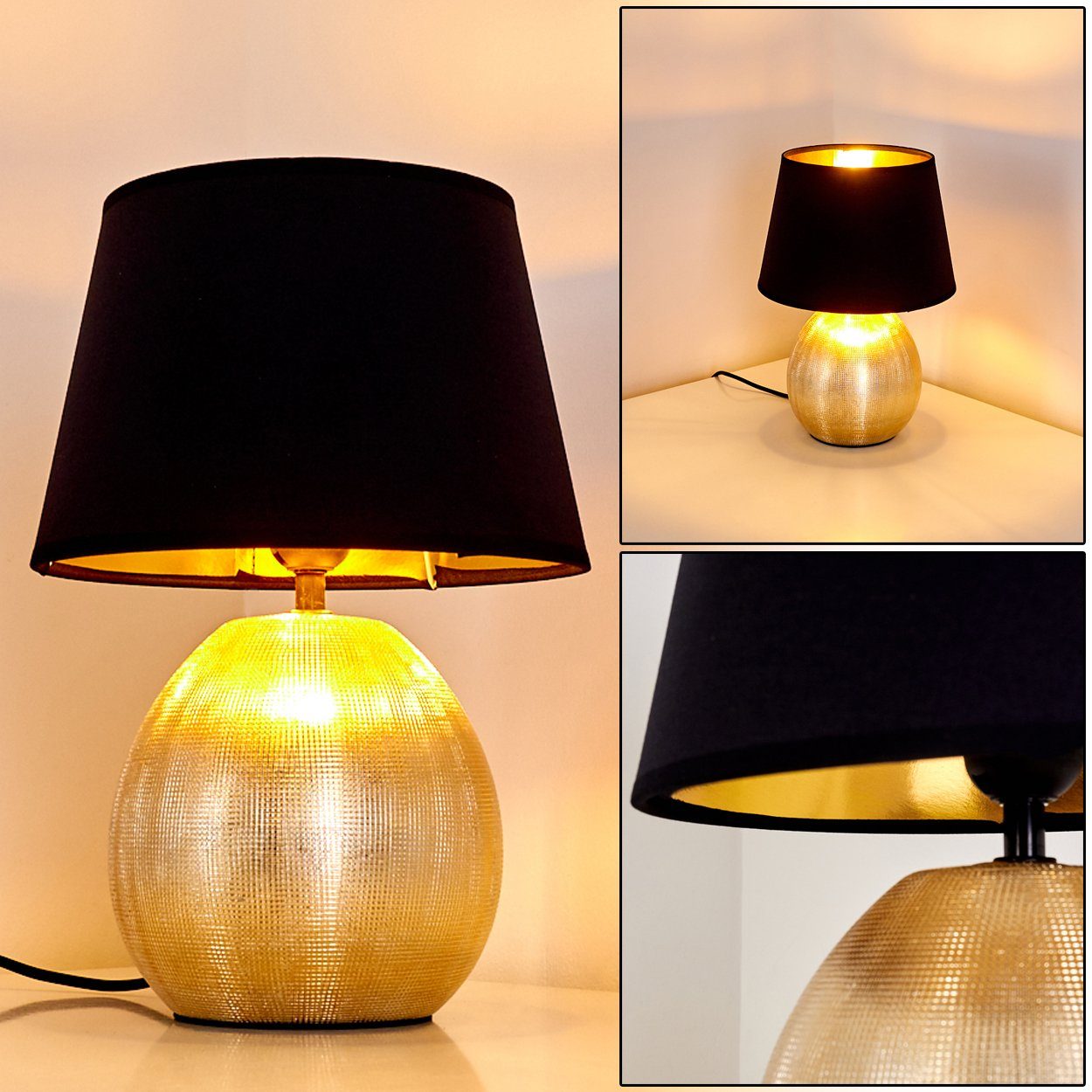 hofstein Tischleuchte schwarze Stoff Wohn Schlaf Zimmer Leuchten Keramik gold Nacht Tisch