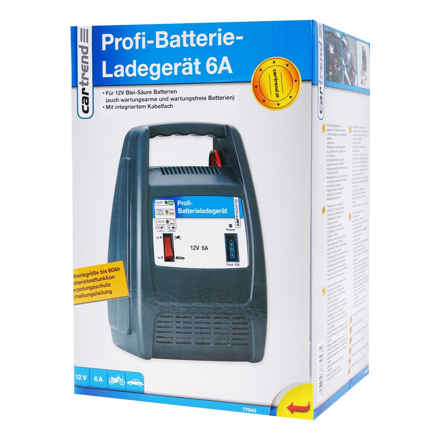 Cartrend 12V 6A Battery Charger with Display (Car Battery Charger, Battery Maintenance Charging Function, Seasonal Vehicles)