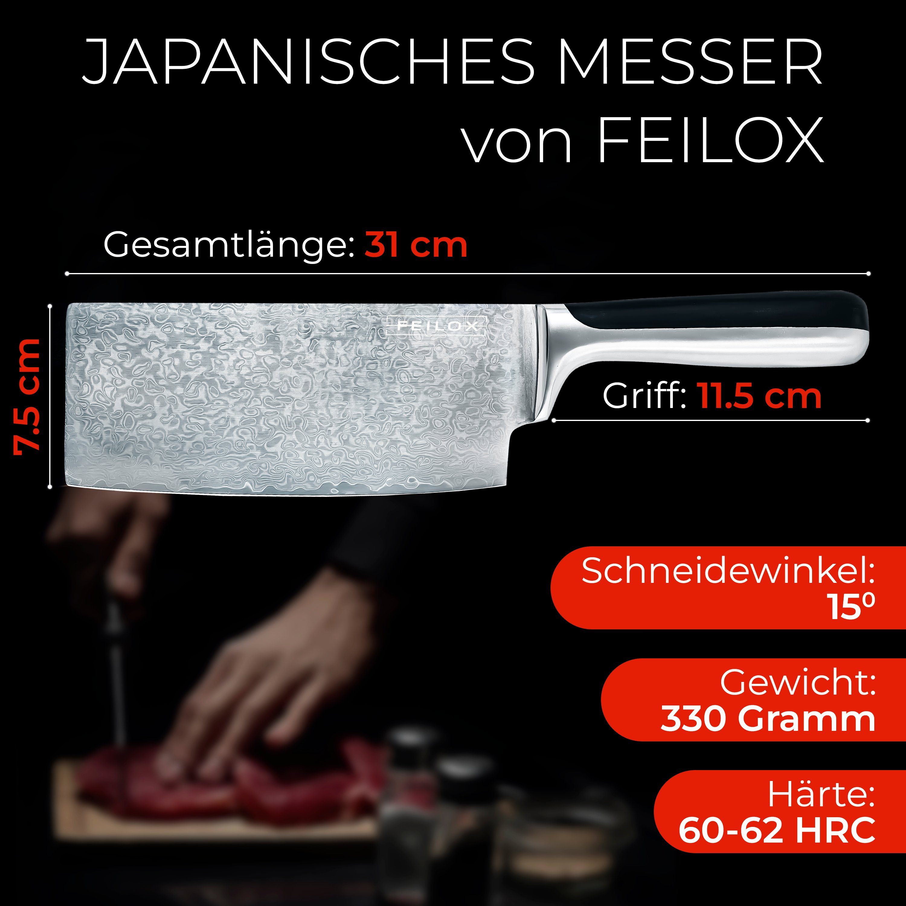Design Damastmesser 31 cm; Messer Japanisches Hackmesser, Extrascharf, Feilox Made Germany, in Messer Kochmesser Profi Holzgriff,