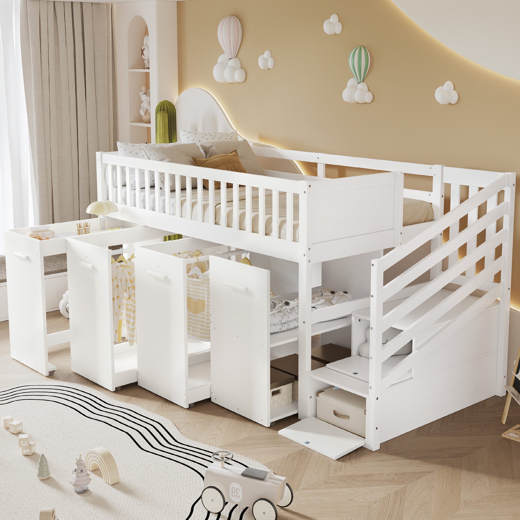 Merax Hochbett (2 Schließfächer in der Treppe, 1-St., Kieferholz Kinderbett Jugendbett Stockbett Holzbett) Etagenbett 90x200cm mit Schreibtisch Kleiderschrank & Stauraumtreppe